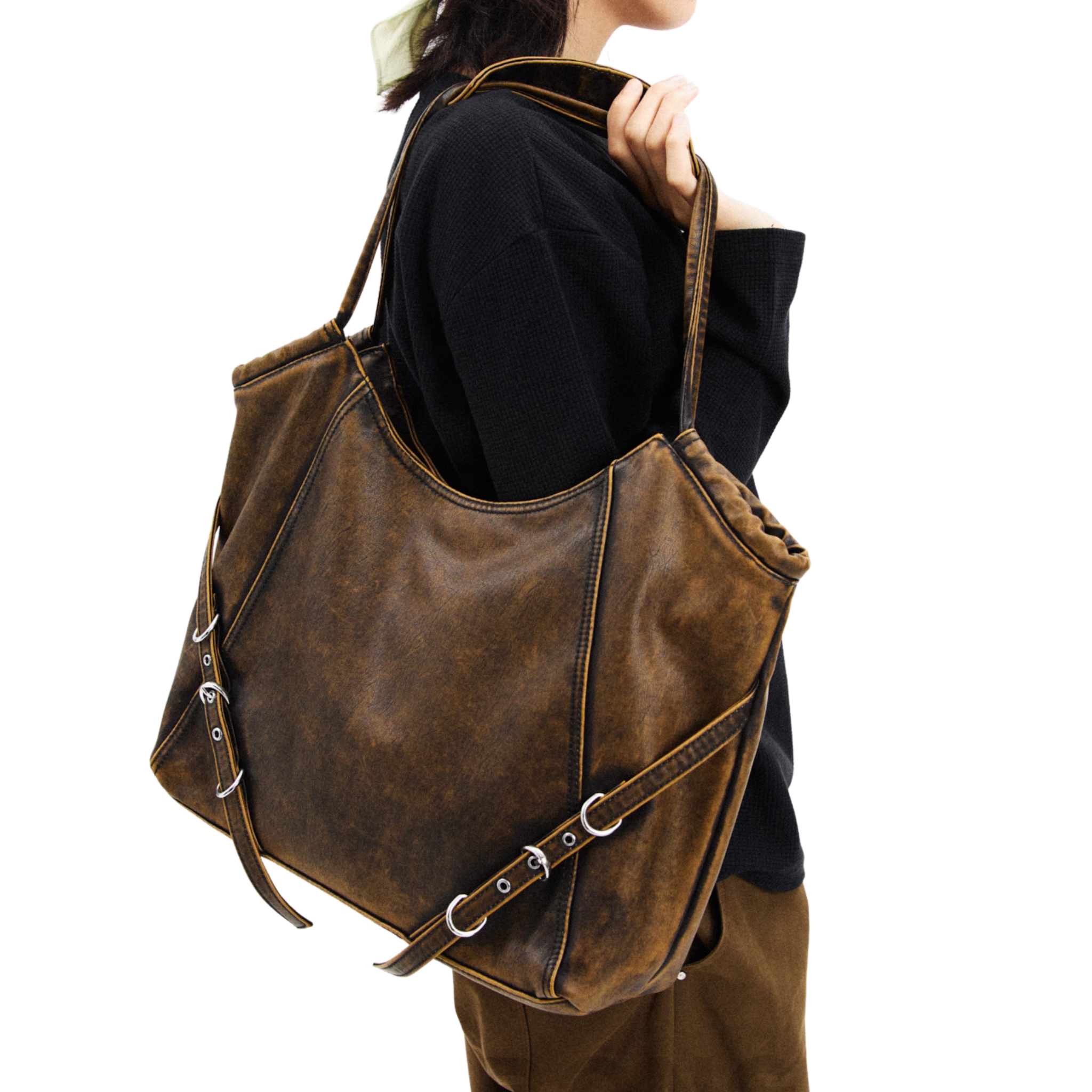 VINTAGE WASHED BUCKLE SHOULDER TOTE BAG