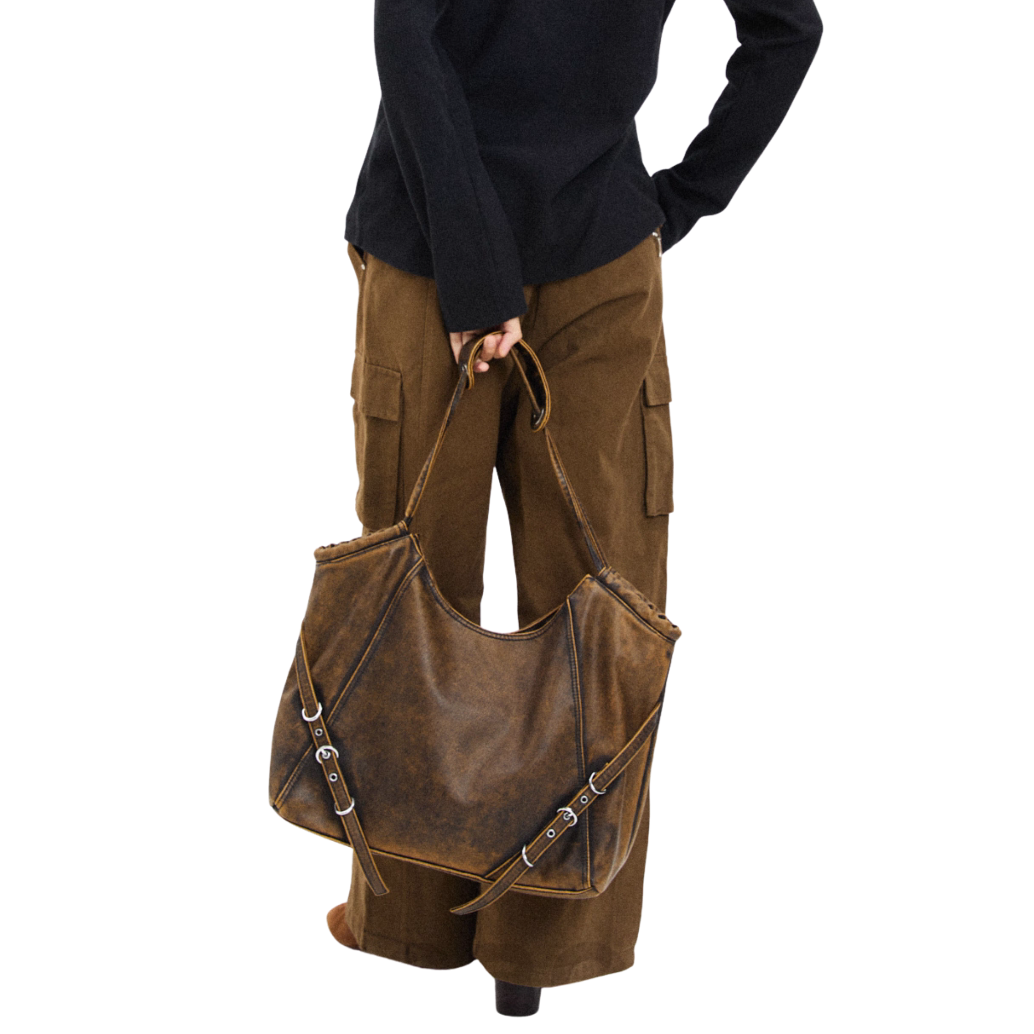 VINTAGE WASHED BUCKLE SHOULDER TOTE BAG