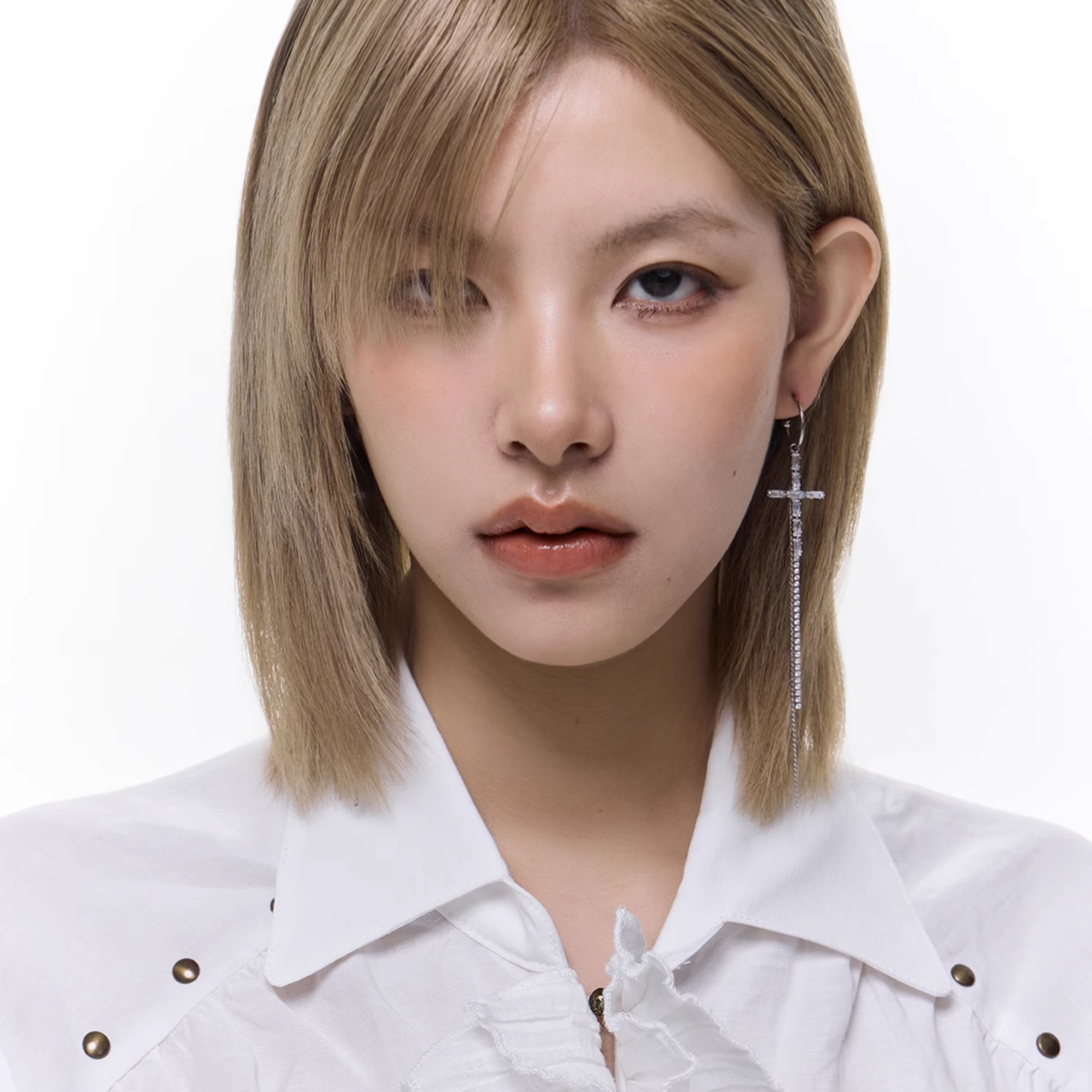 S925 CUBIC ZIRCONIA LONG CROSS DROP PIERCE