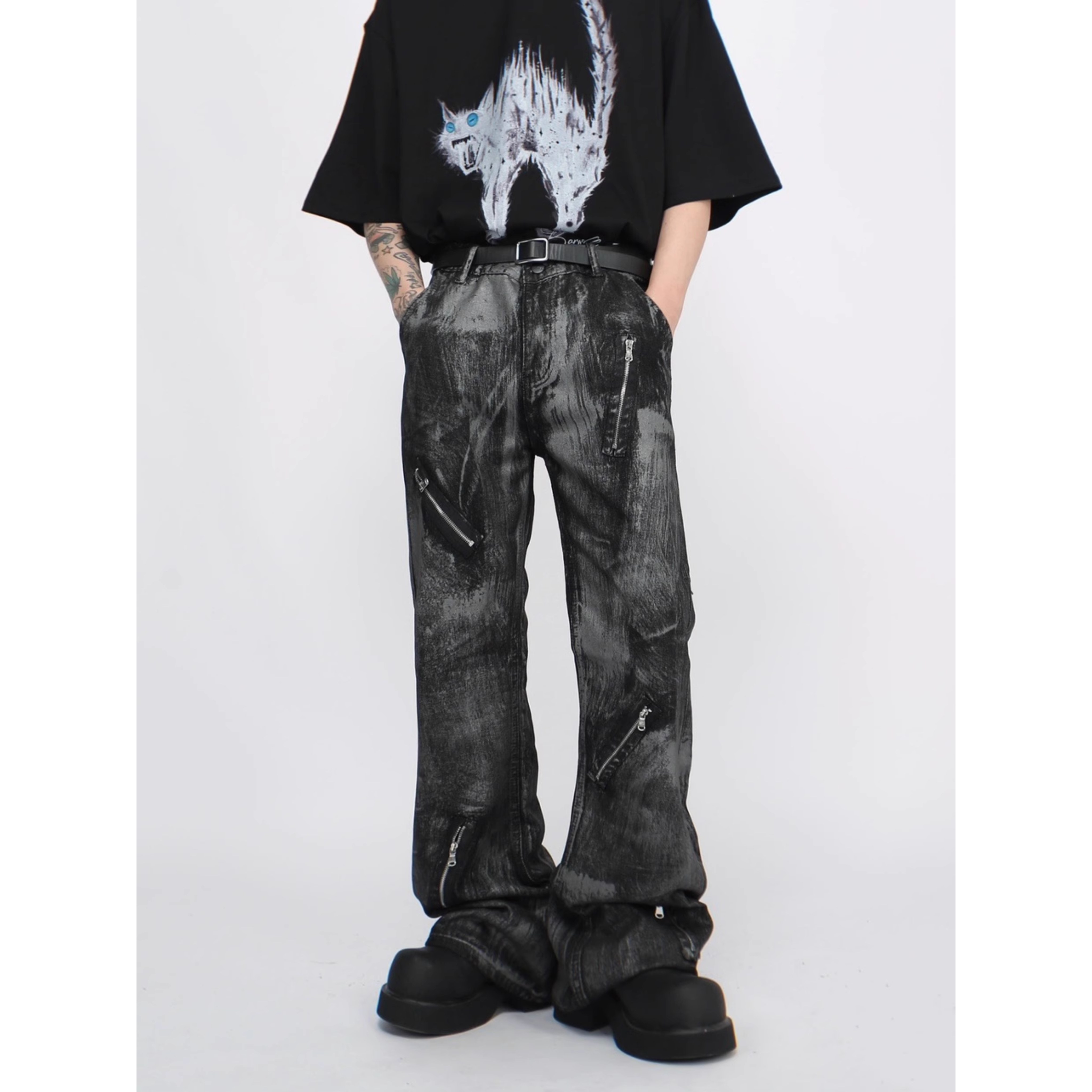Distressed Zip Detail Grunge Denim Pants