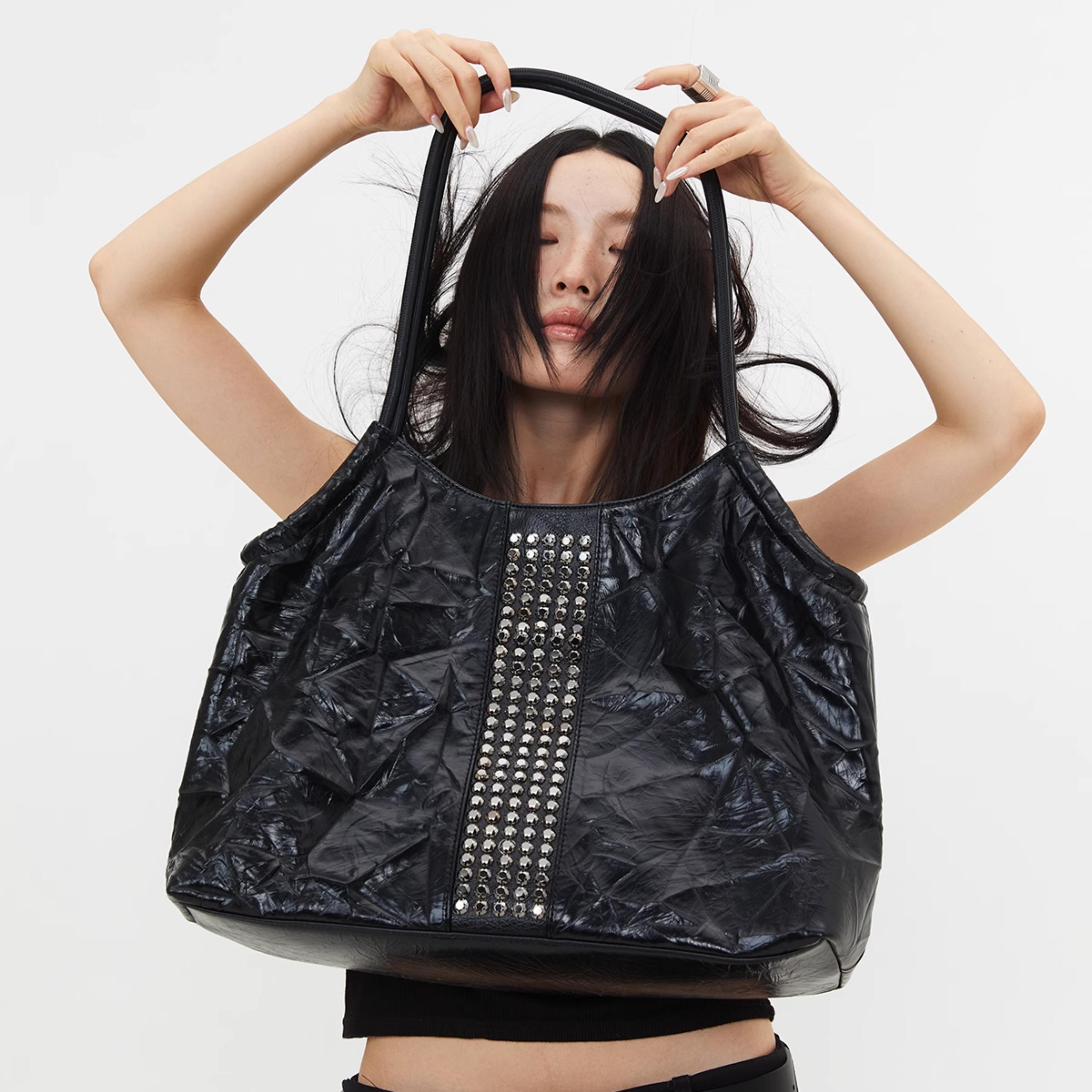CRINKLE LEATHER STUDDED BAG