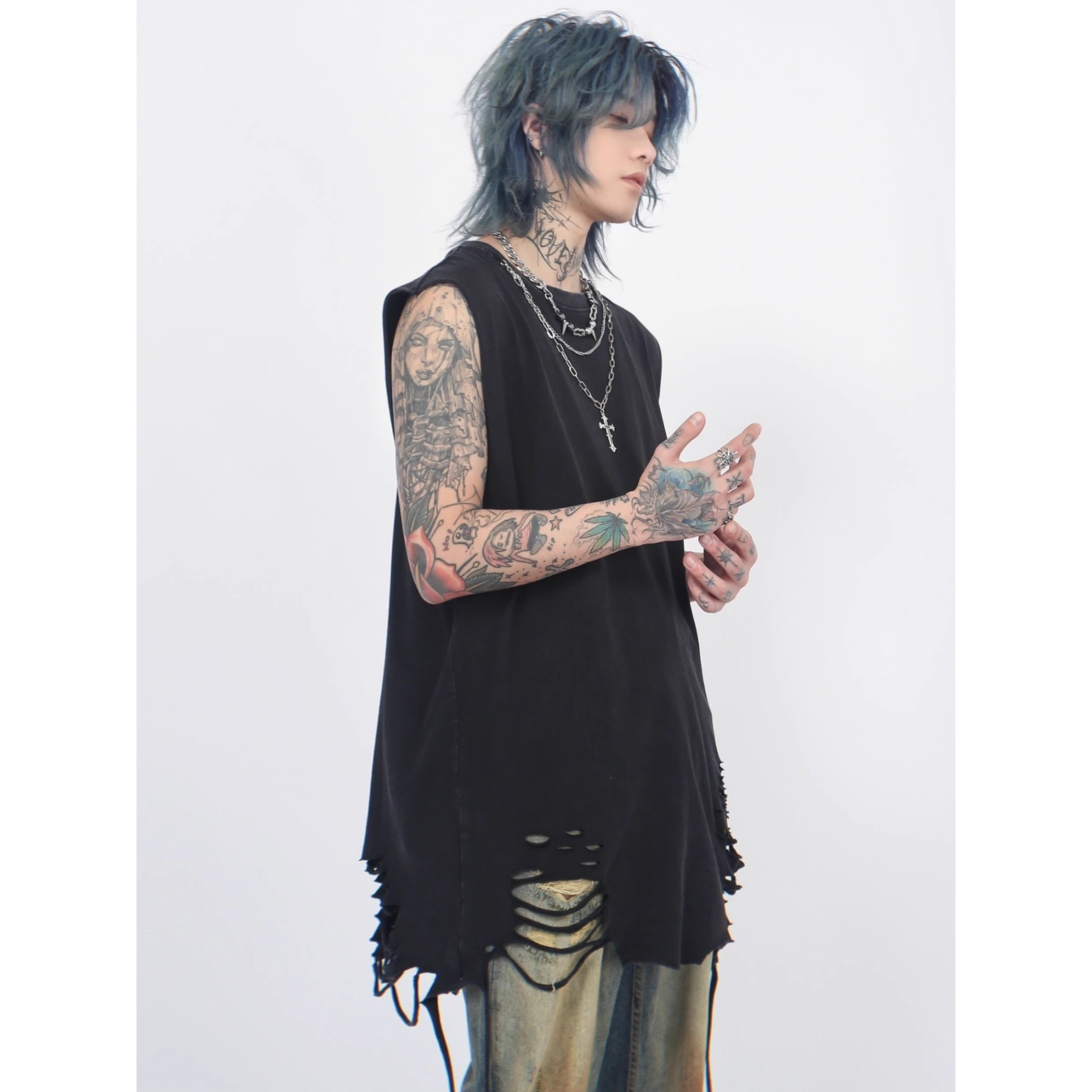 Shredded Hem Distressed Sleeveless Tee