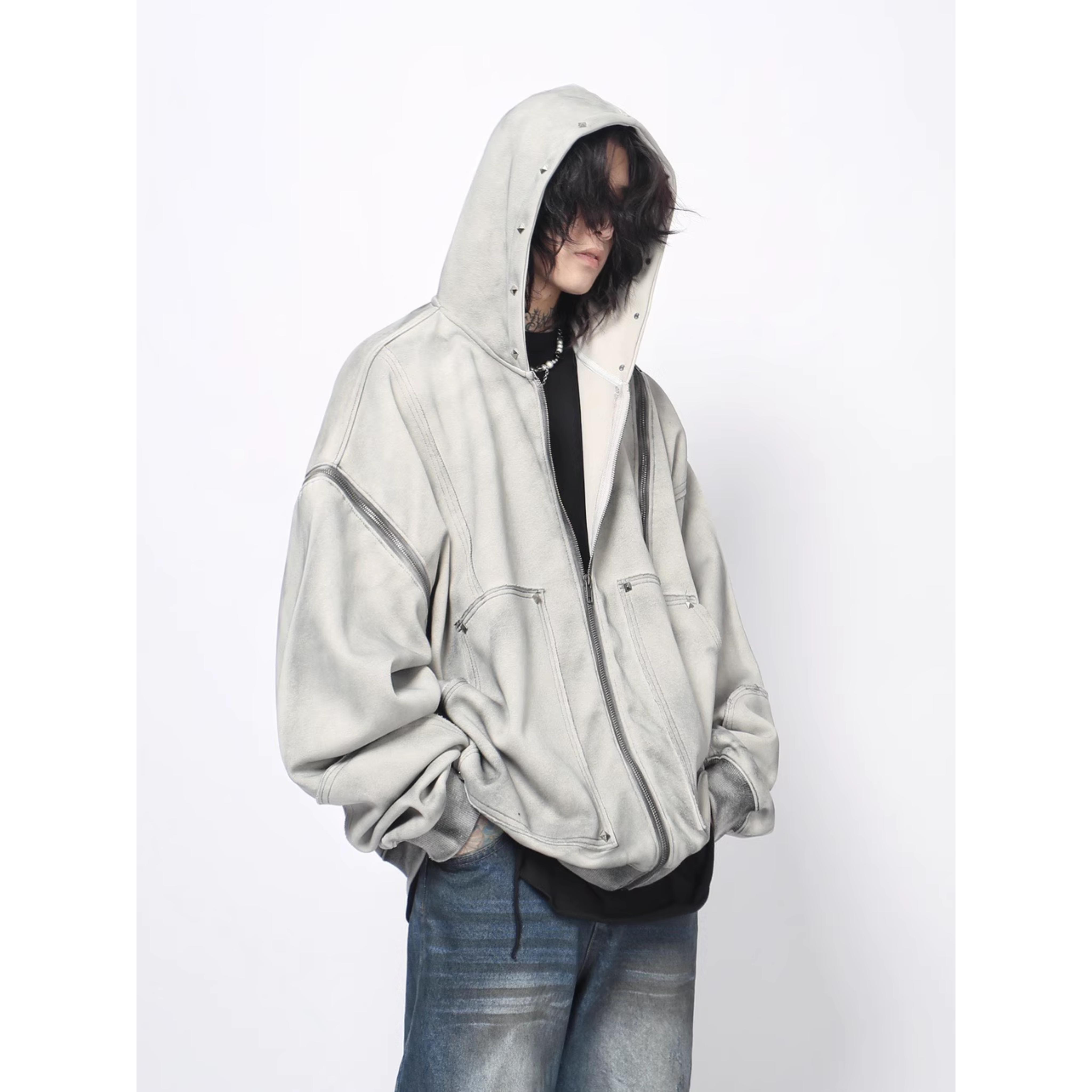 Fade Washed Oversized Zip Hoodie