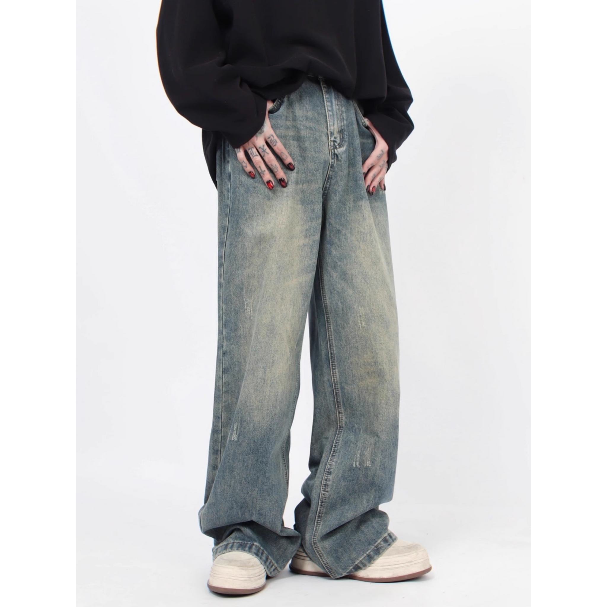 Vintage Wash Wide-Leg Denim Pants