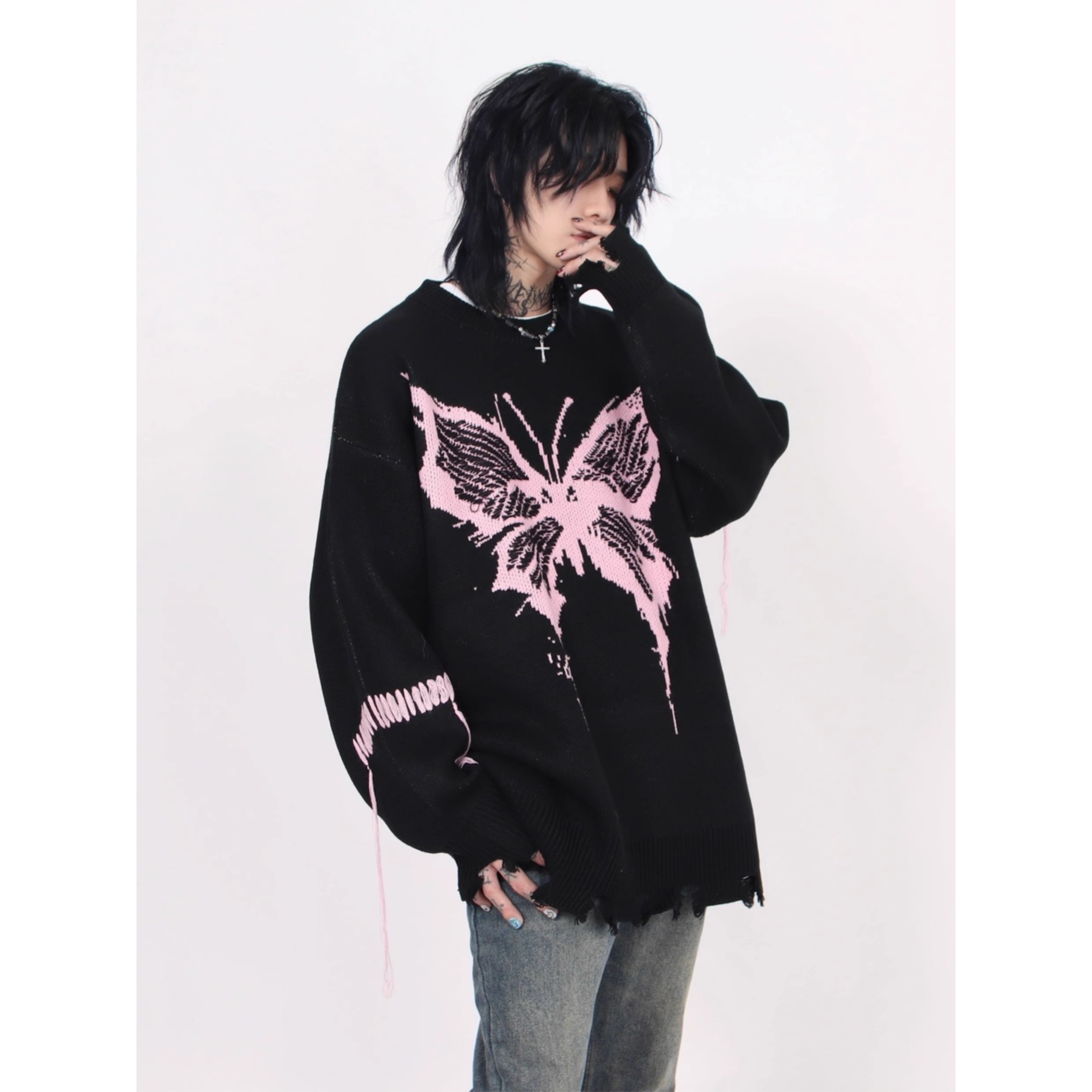 Distressed Butterfly Knit Sweater