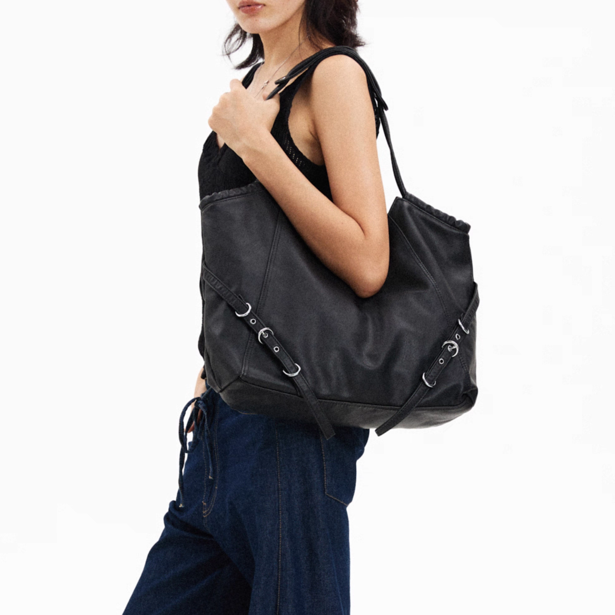 VINTAGE WASHED BUCKLE SHOULDER TOTE BAG