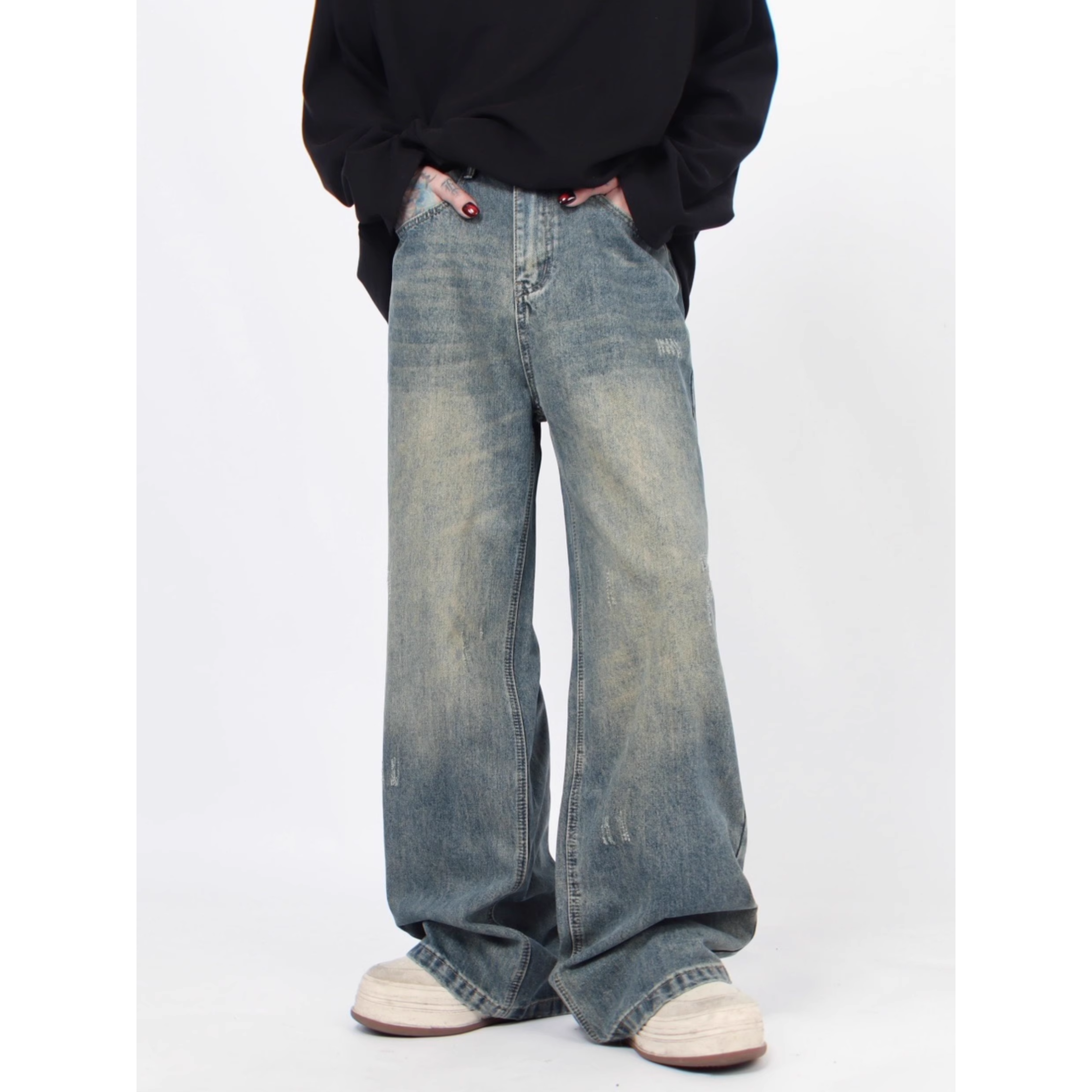 Vintage Wash Wide-Leg Denim Pants