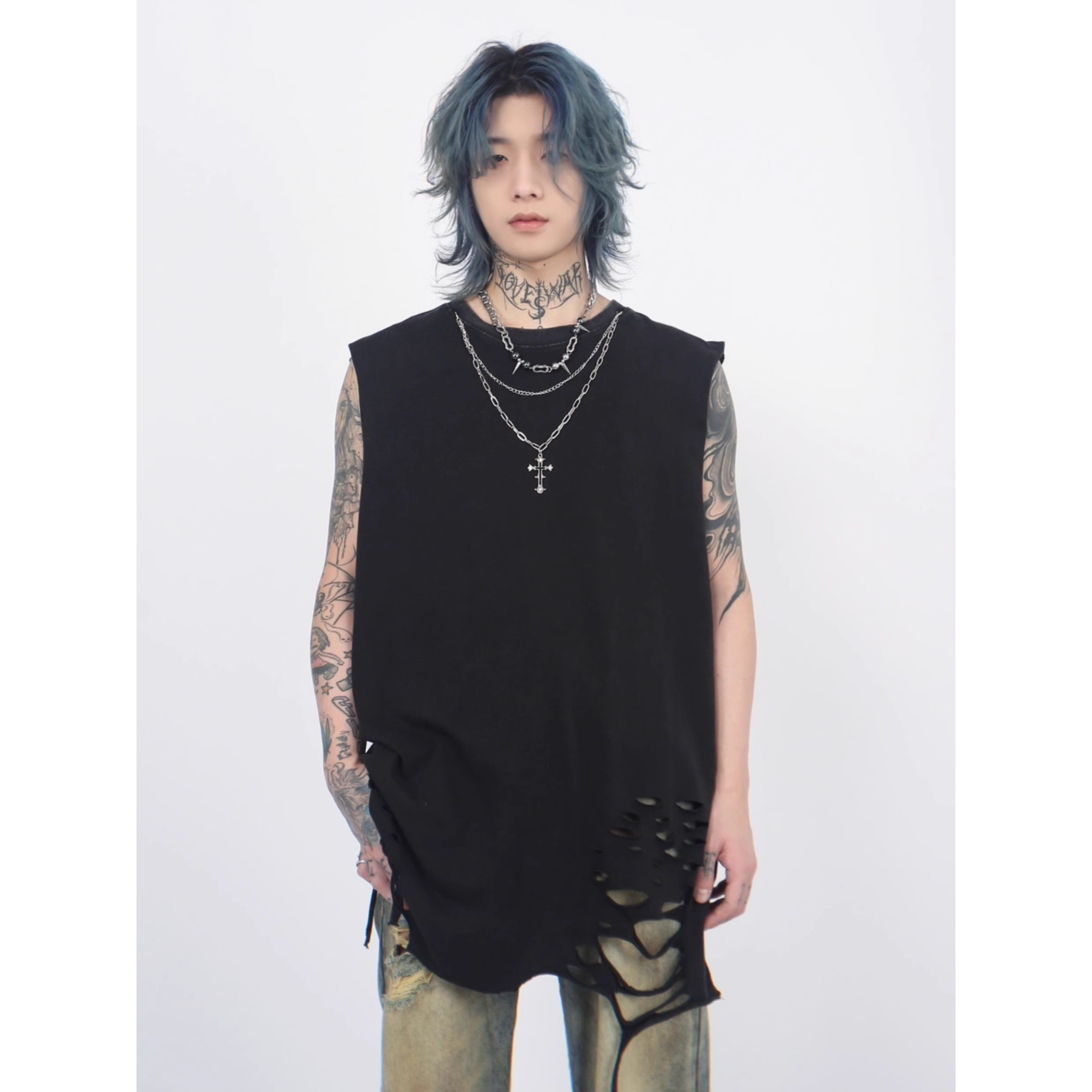Shredded Hem Distressed Sleeveless Tee