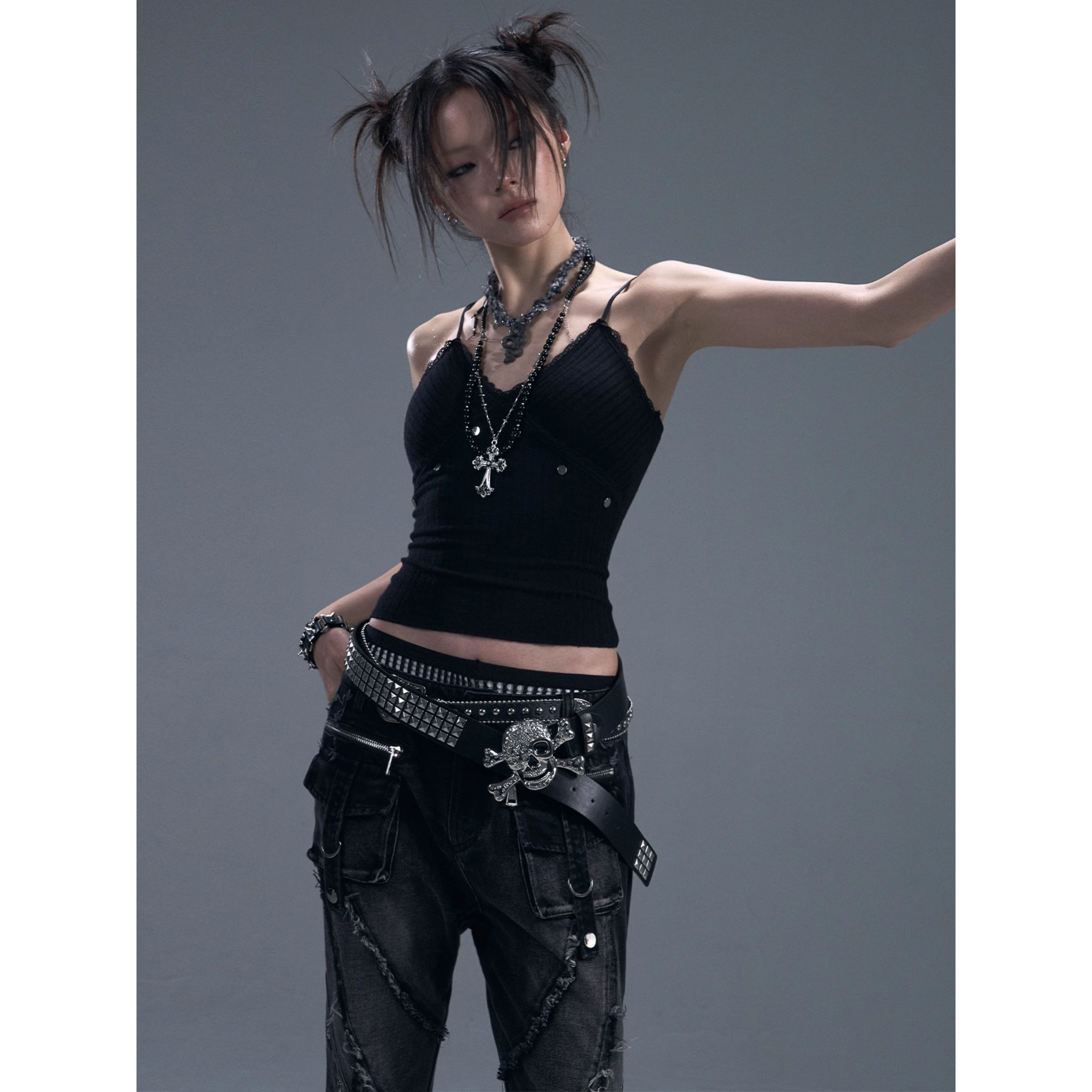 Pierced Lace Trim Cami Tops
