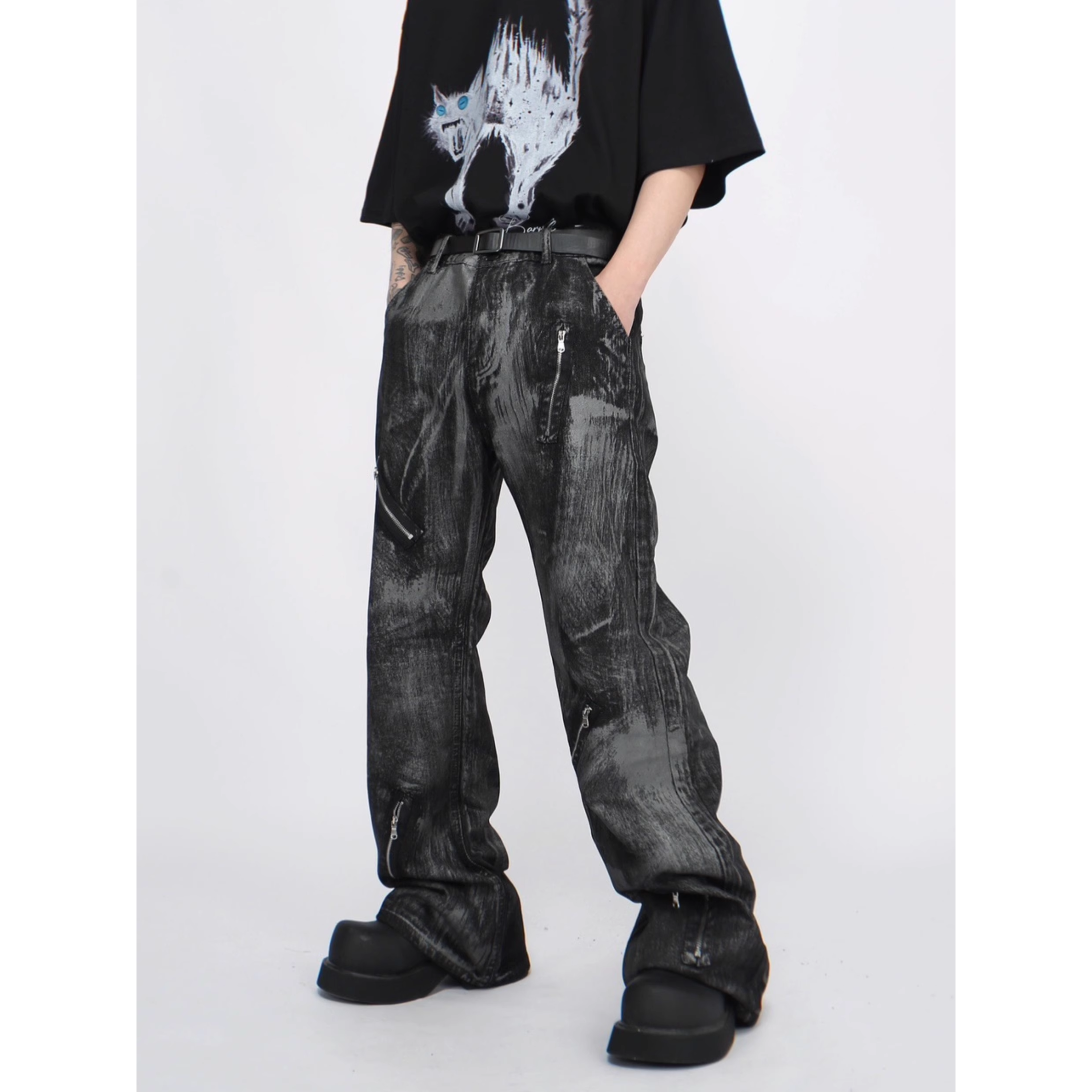 Distressed Zip Detail Grunge Denim Pants