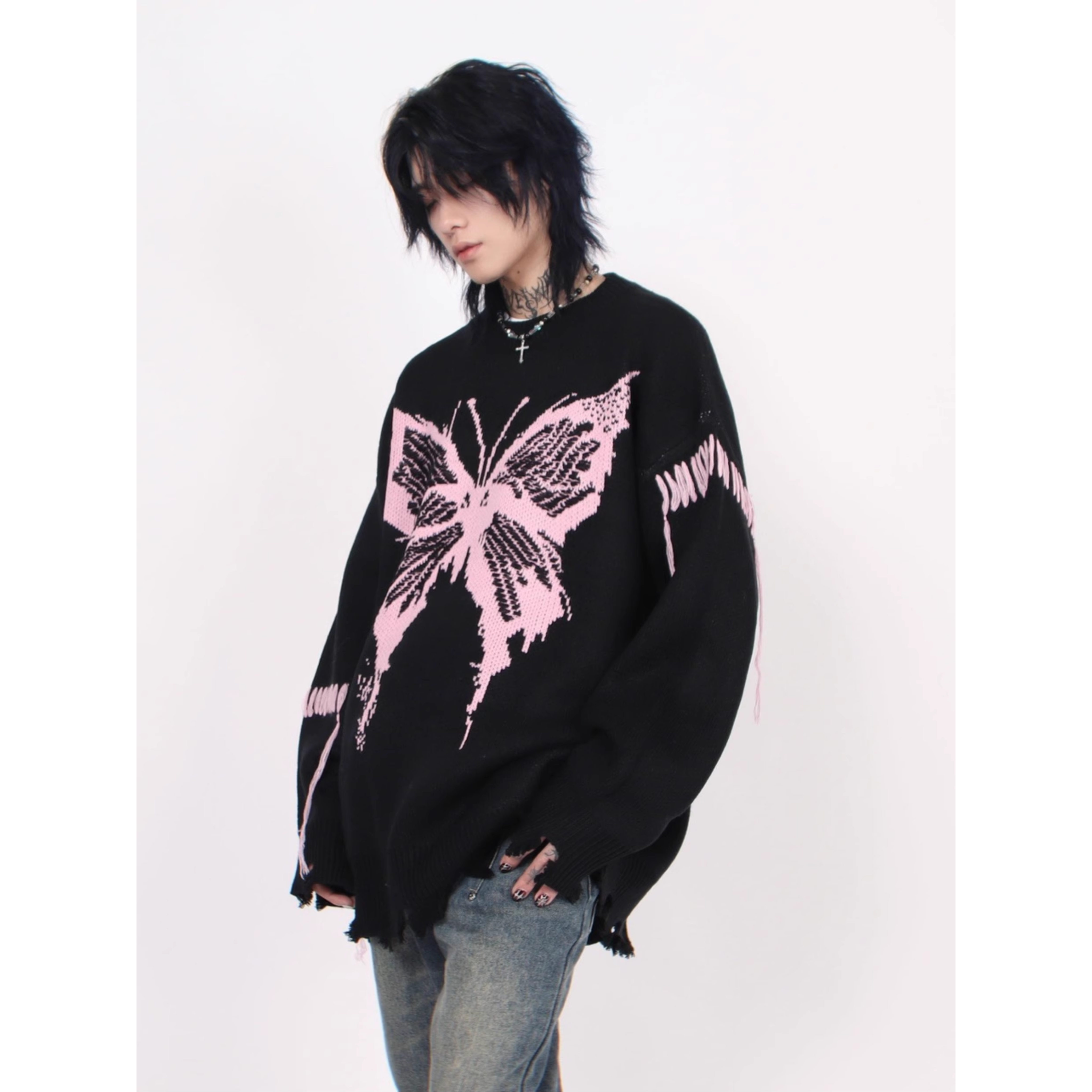 Distressed Butterfly Knit Sweater