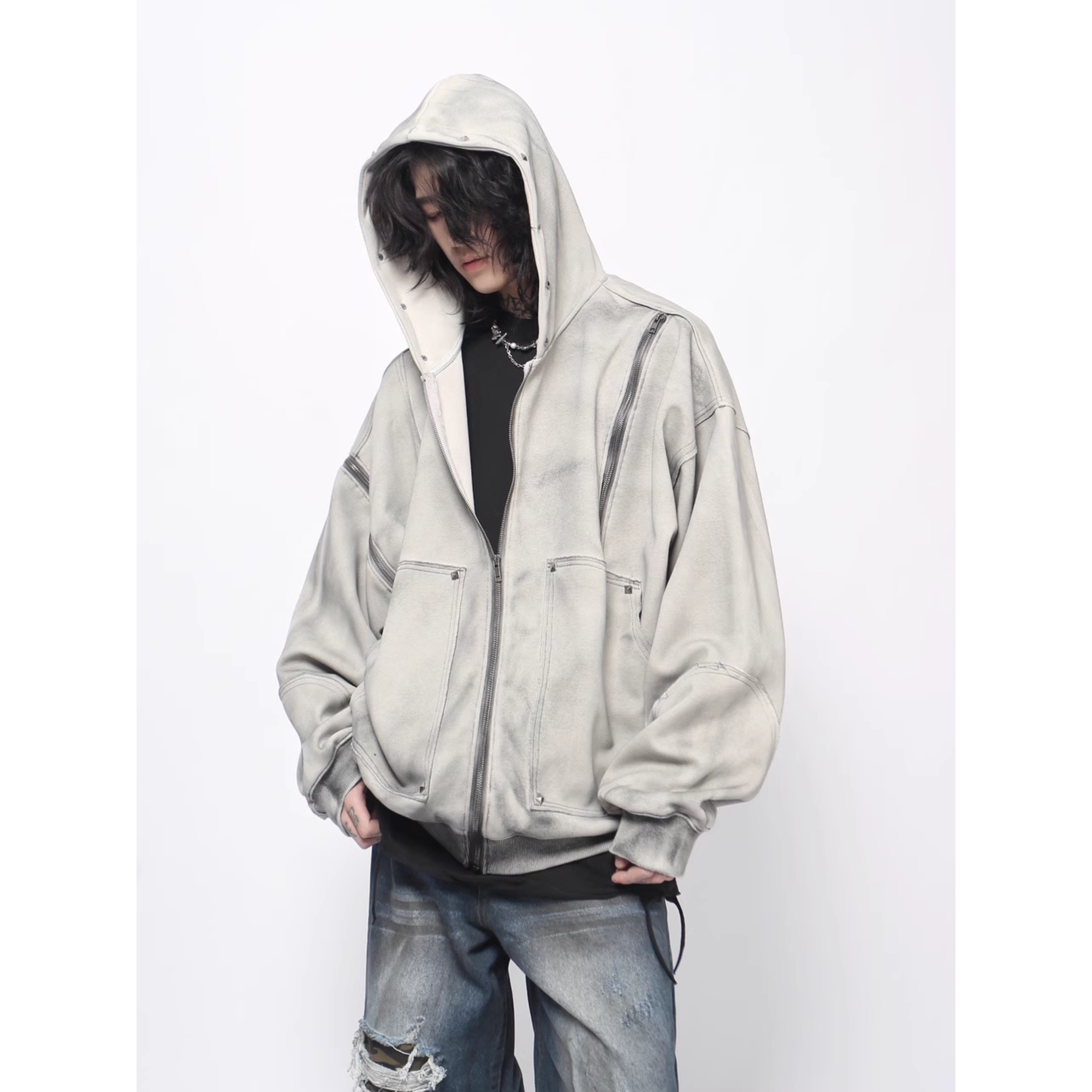 Fade Washed Oversized Zip Hoodie