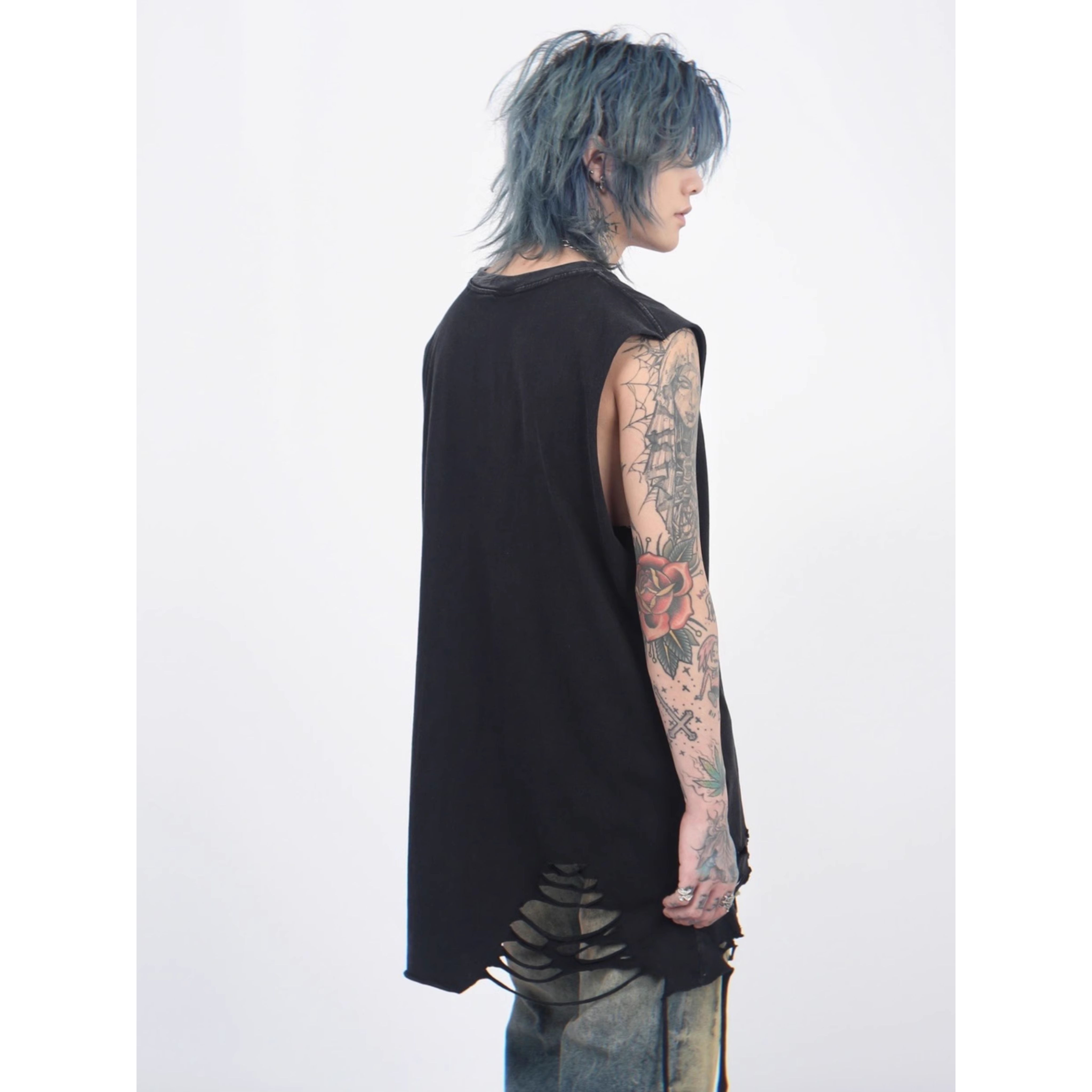 Shredded Hem Distressed Sleeveless Tee
