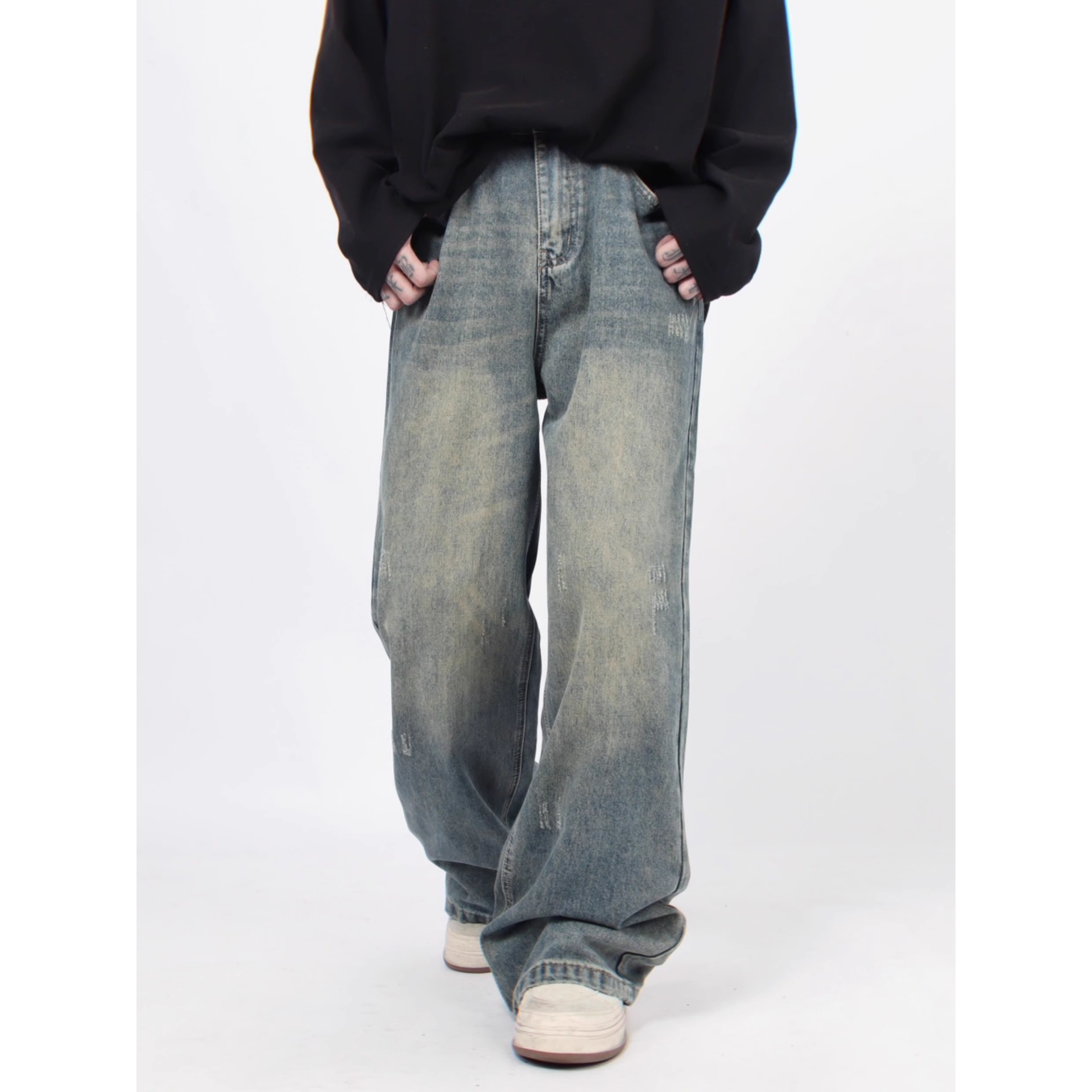 Vintage Wash Wide-Leg Denim Pants