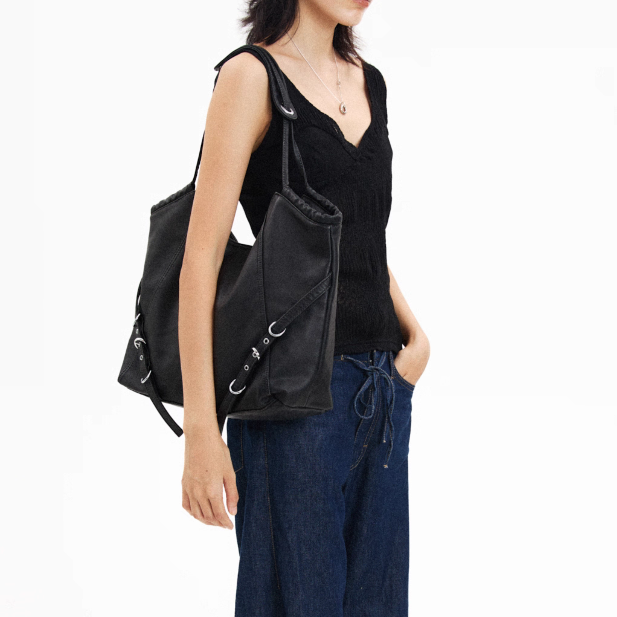 VINTAGE WASHED BUCKLE SHOULDER TOTE BAG