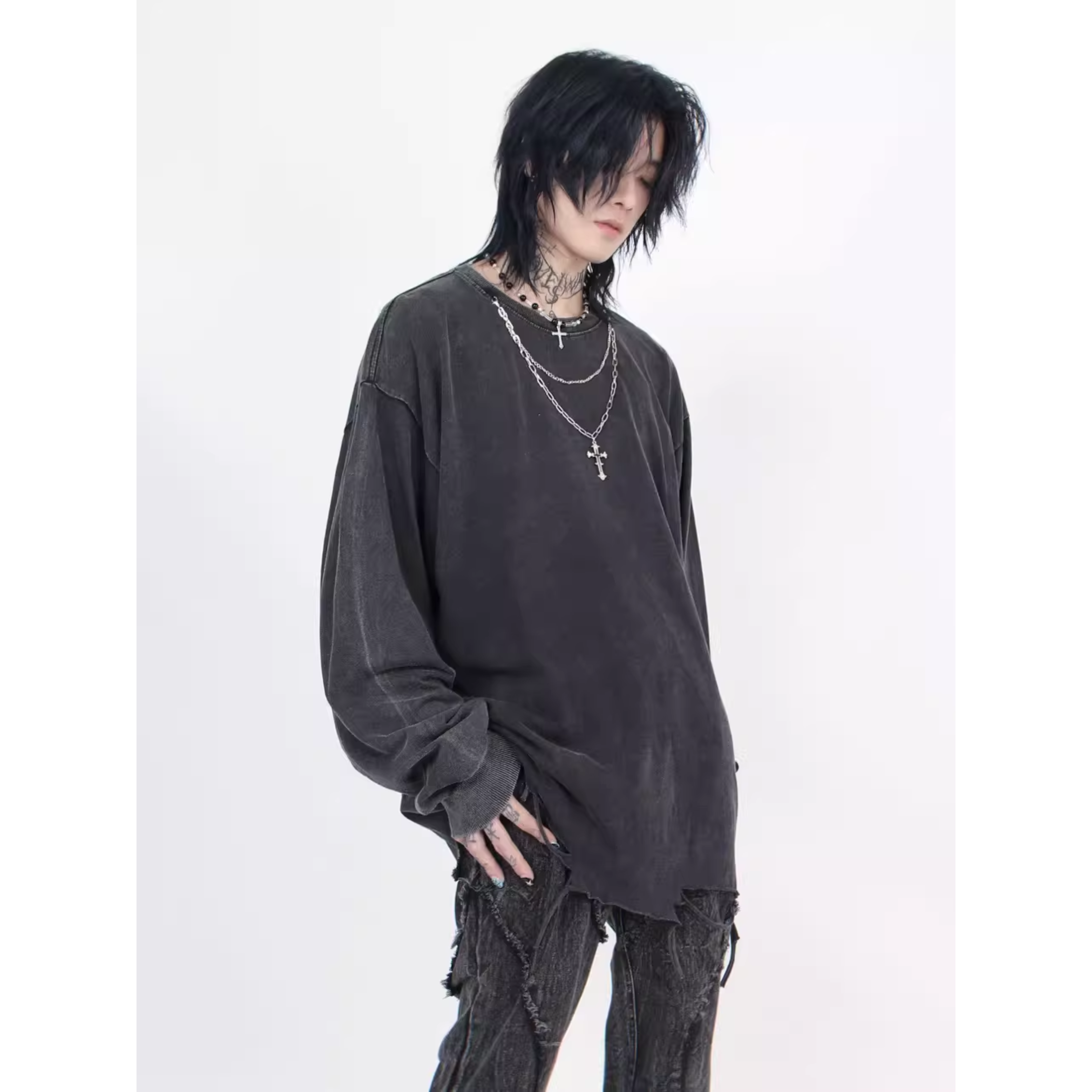Washed Distressed Oversized Long Sleeve Tee