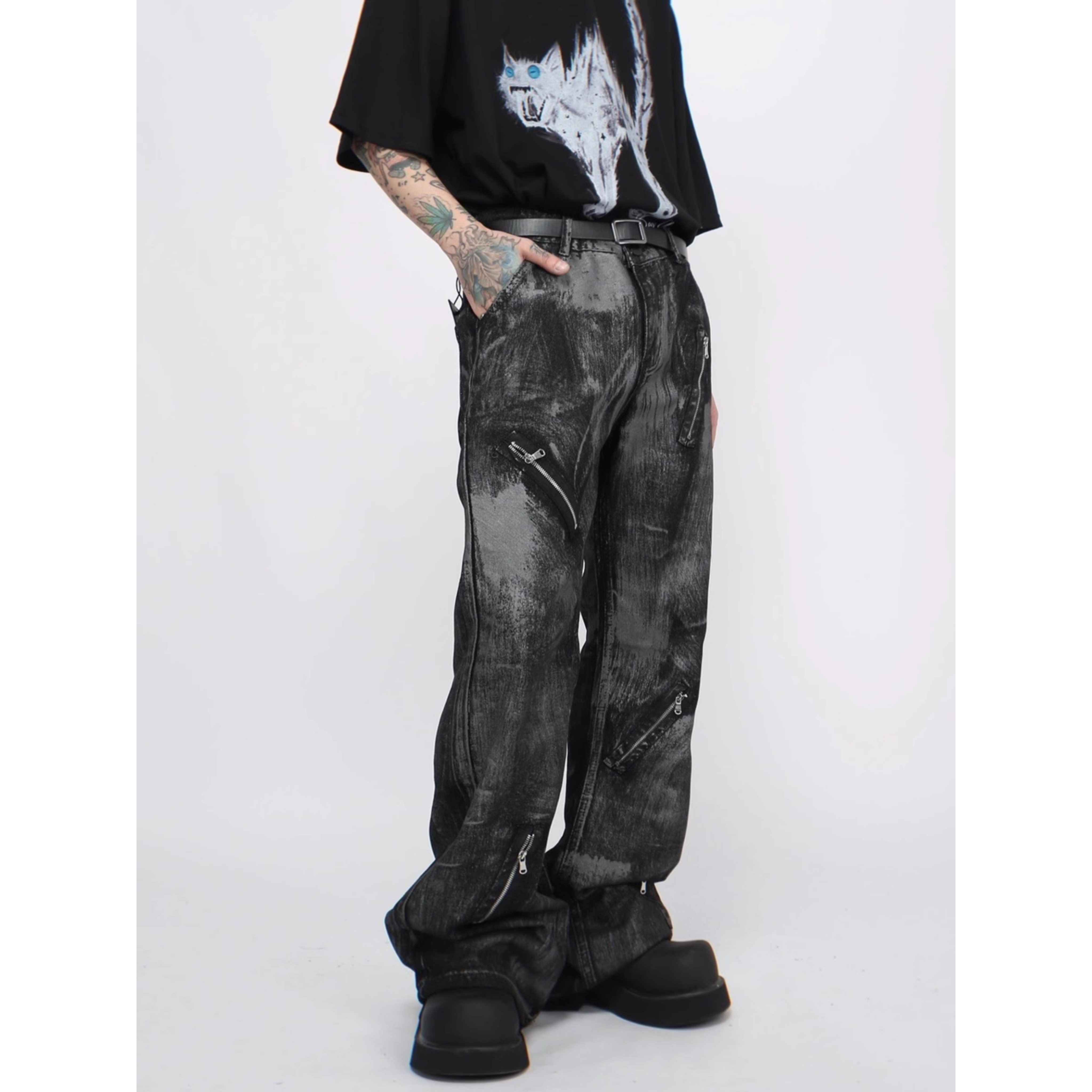 Distressed Zip Detail Grunge Denim Pants
