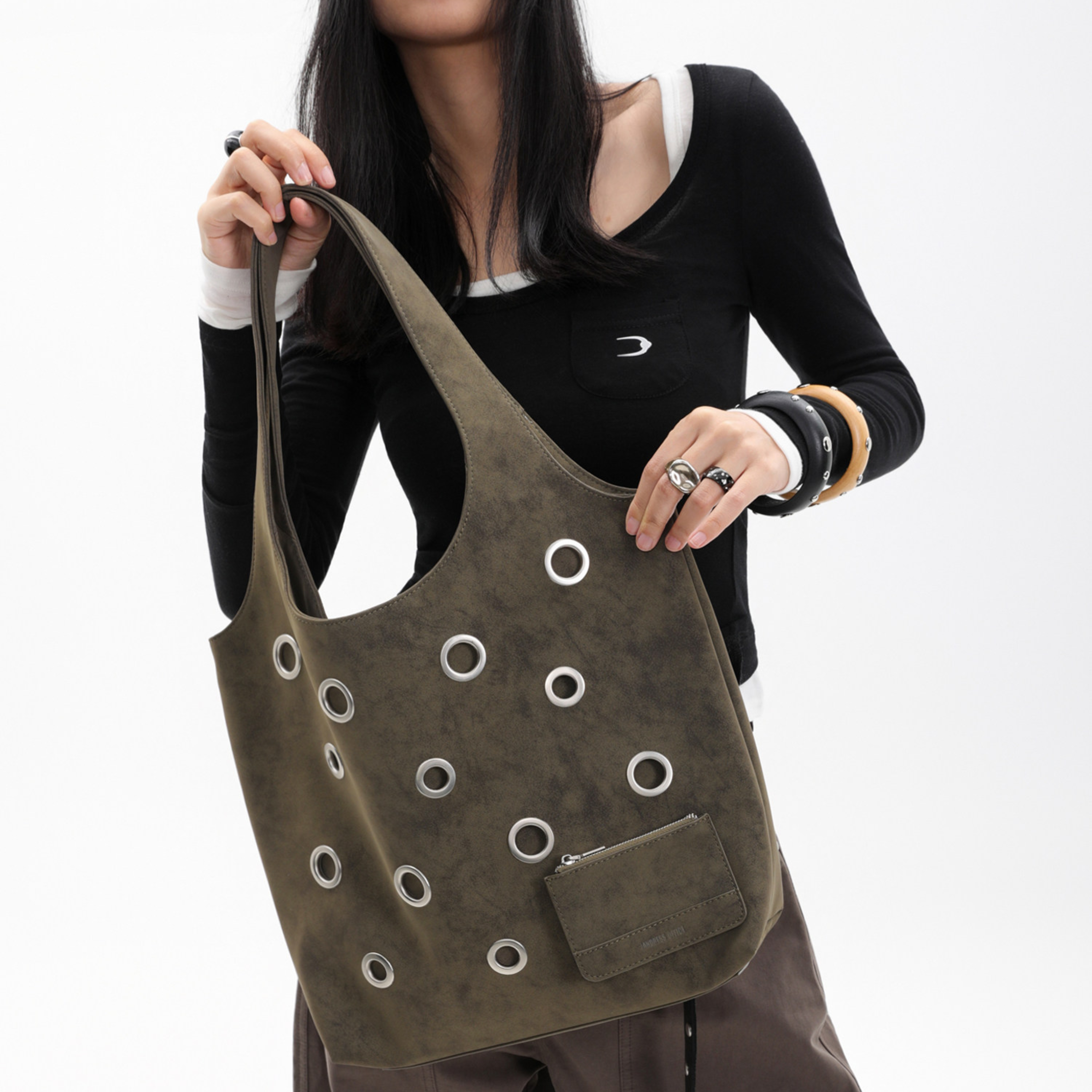 DISTRESSED EYELET TOTE BAG