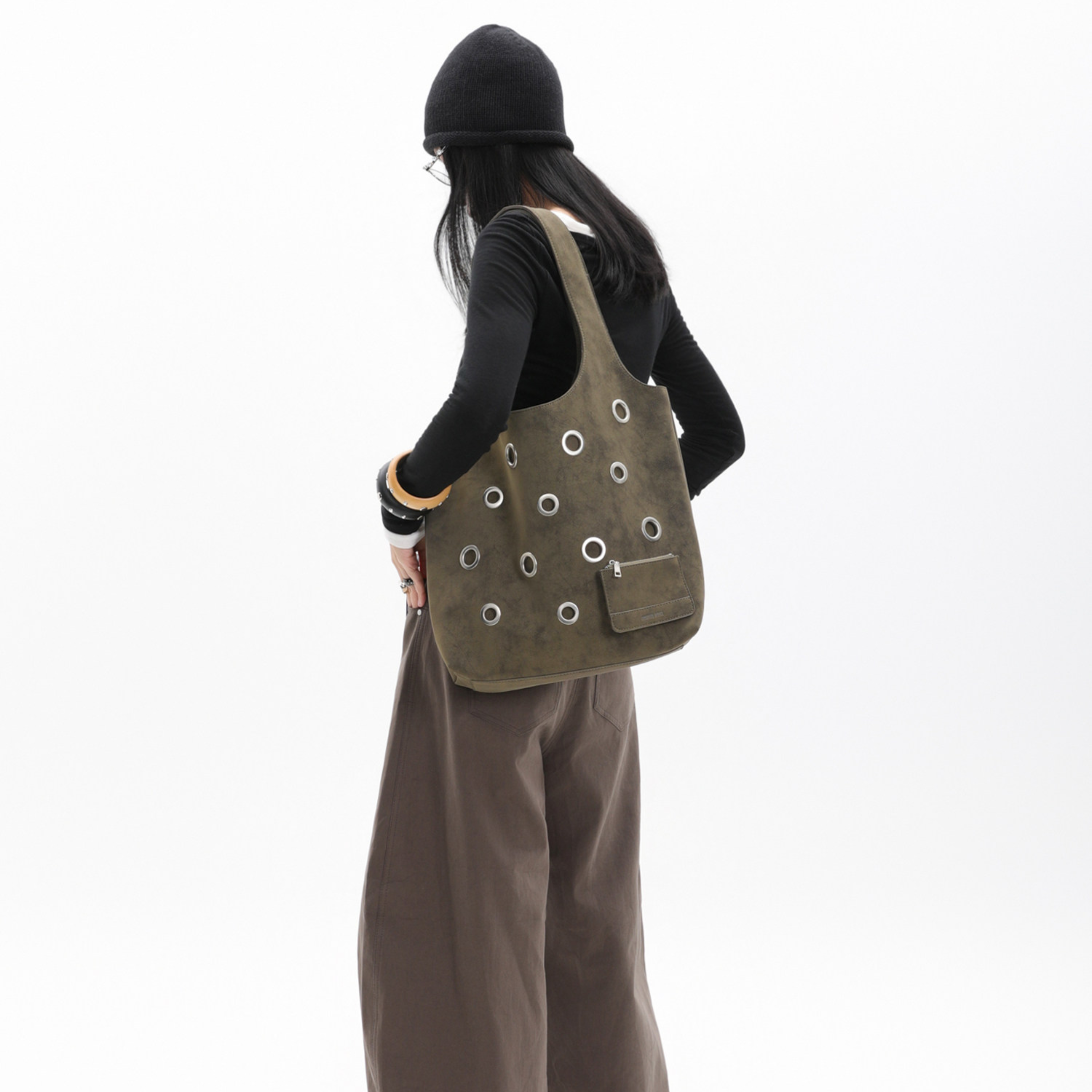DISTRESSED EYELET TOTE BAG