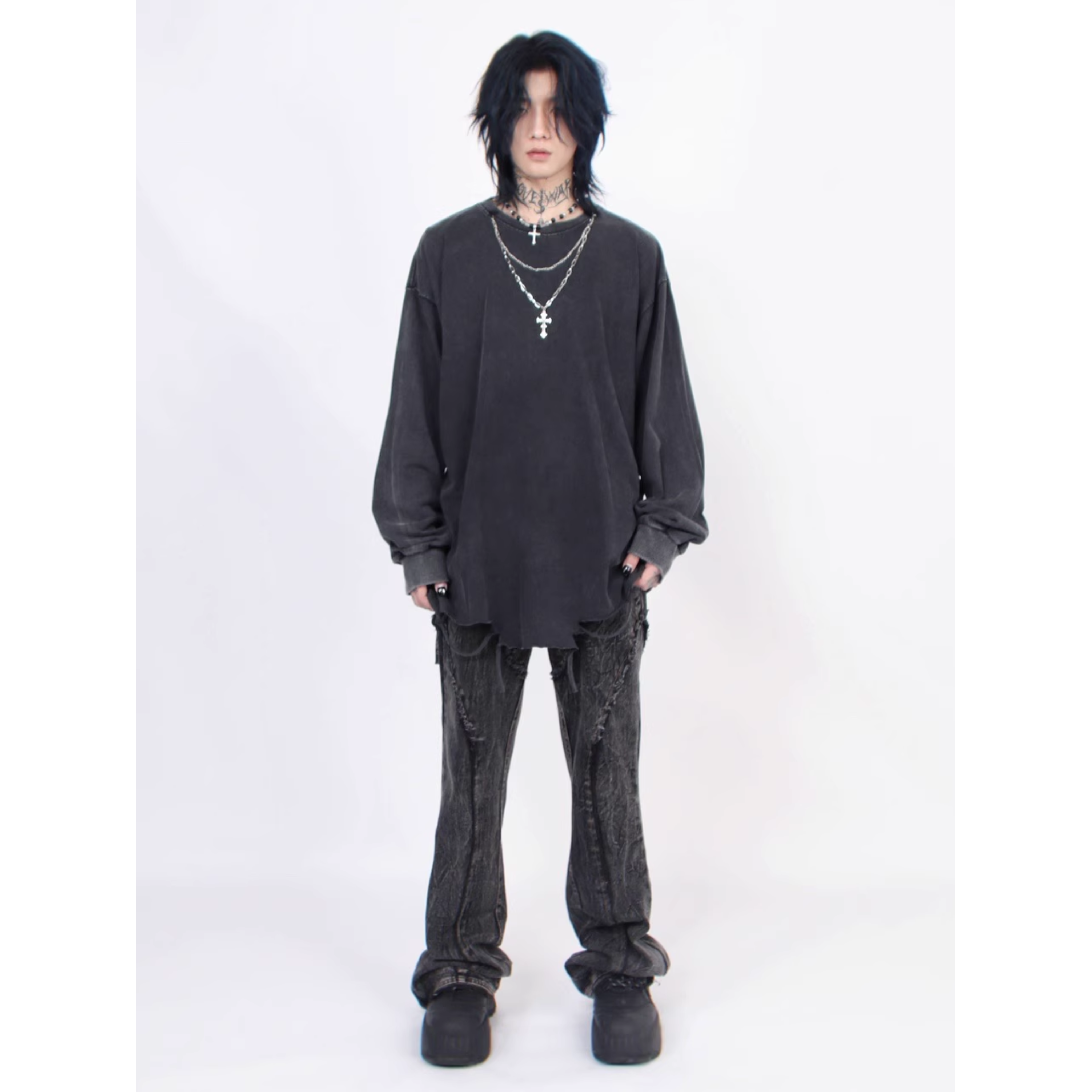 Washed Distressed Oversized Long Sleeve Tee