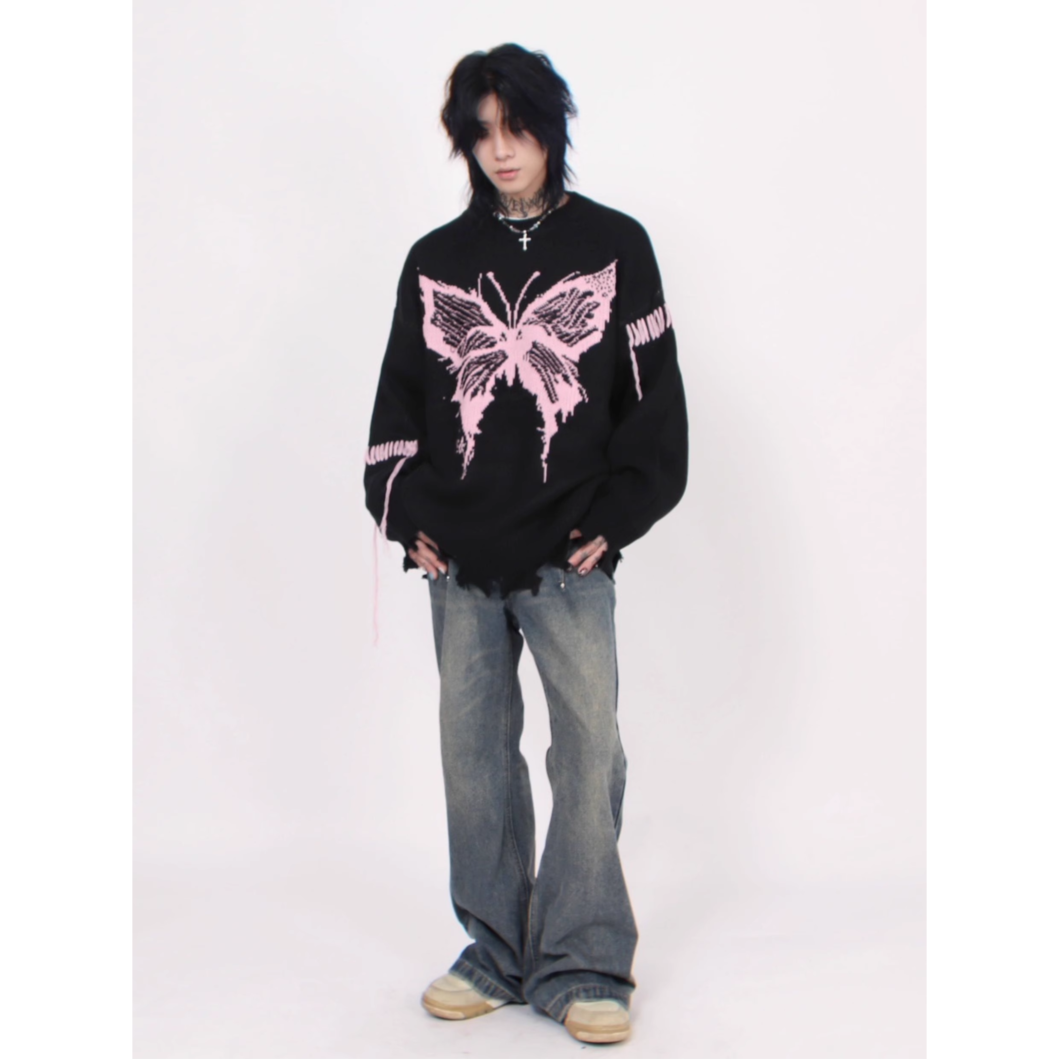 Distressed Butterfly Knit Sweater