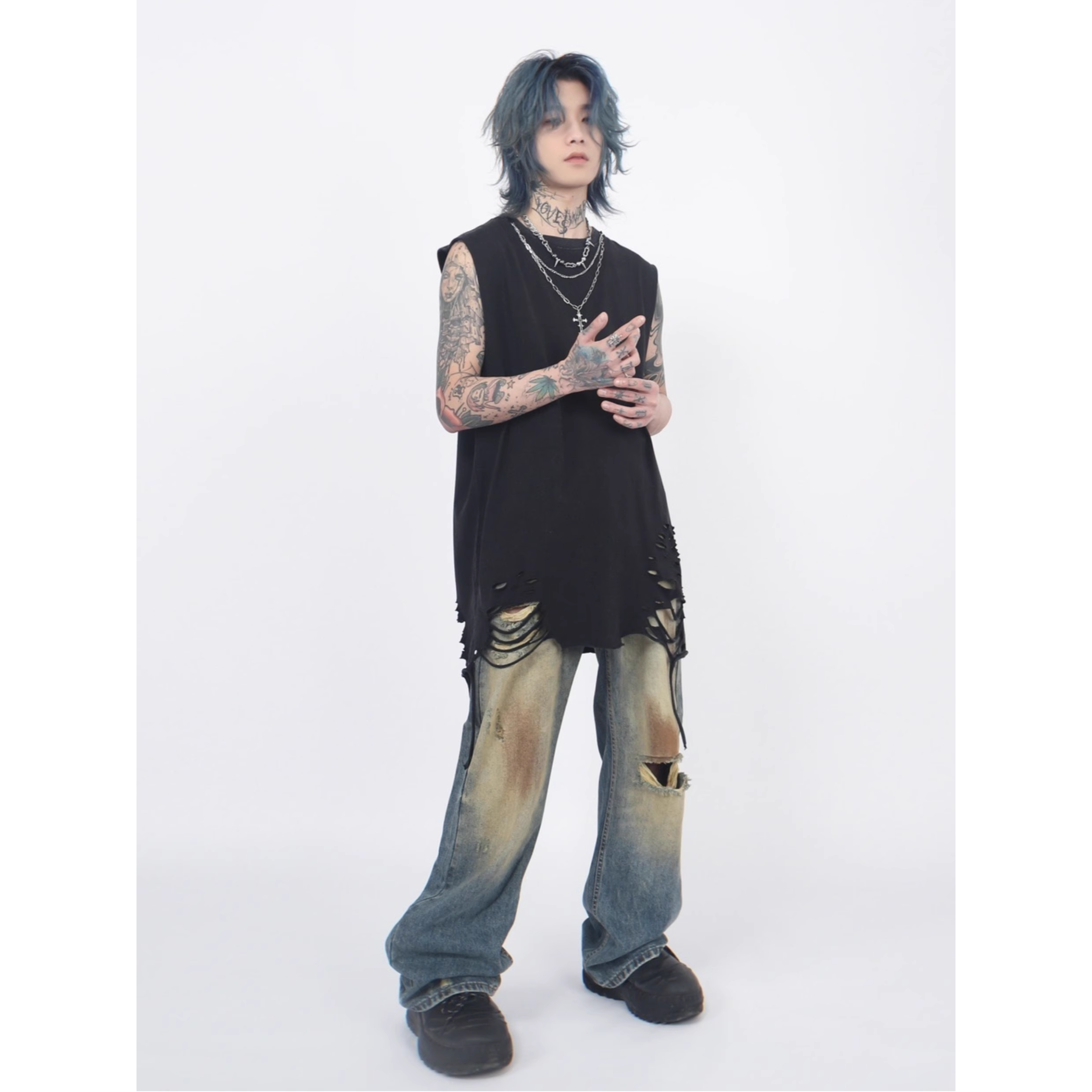 Shredded Hem Distressed Sleeveless Tee