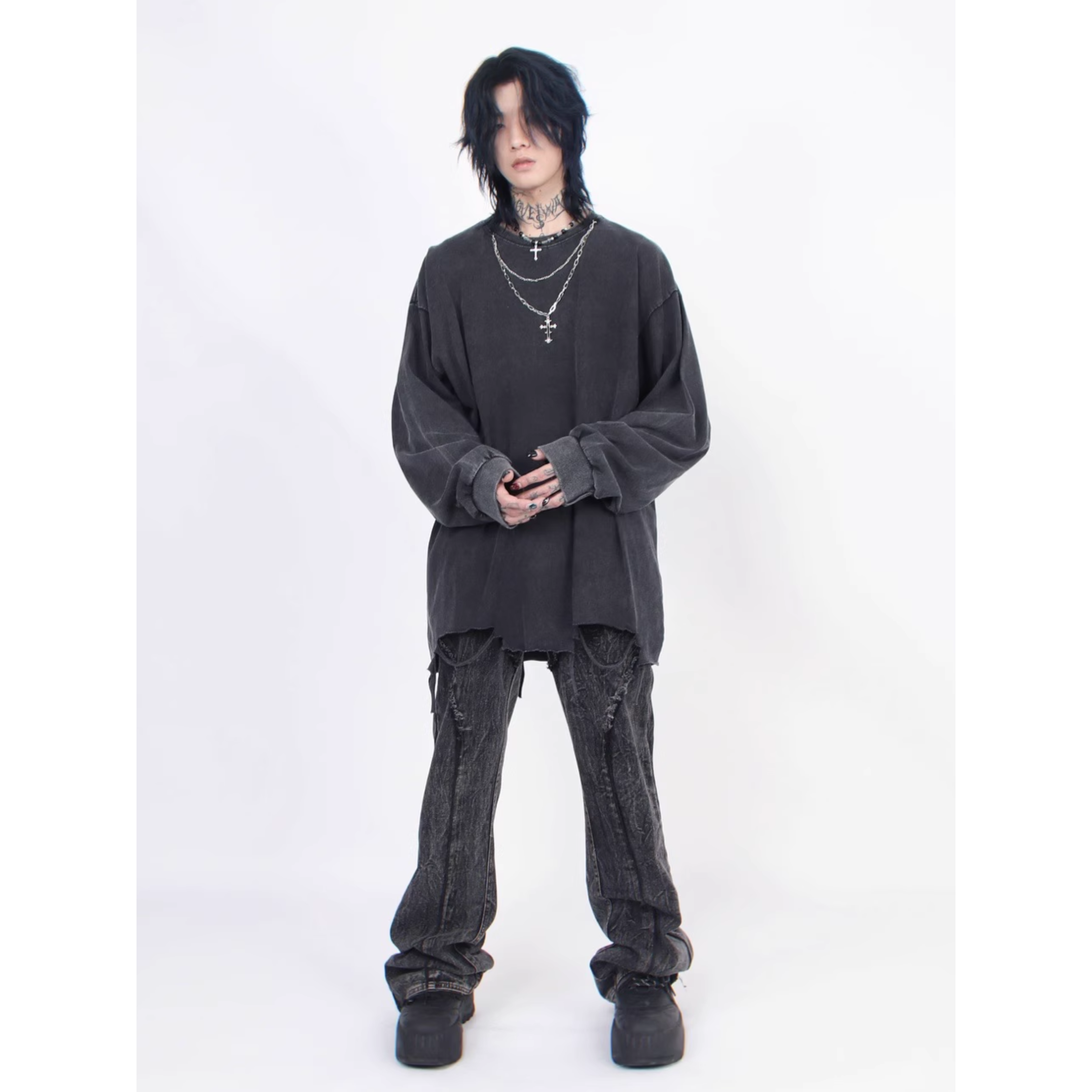 Washed Distressed Oversized Long Sleeve Tee