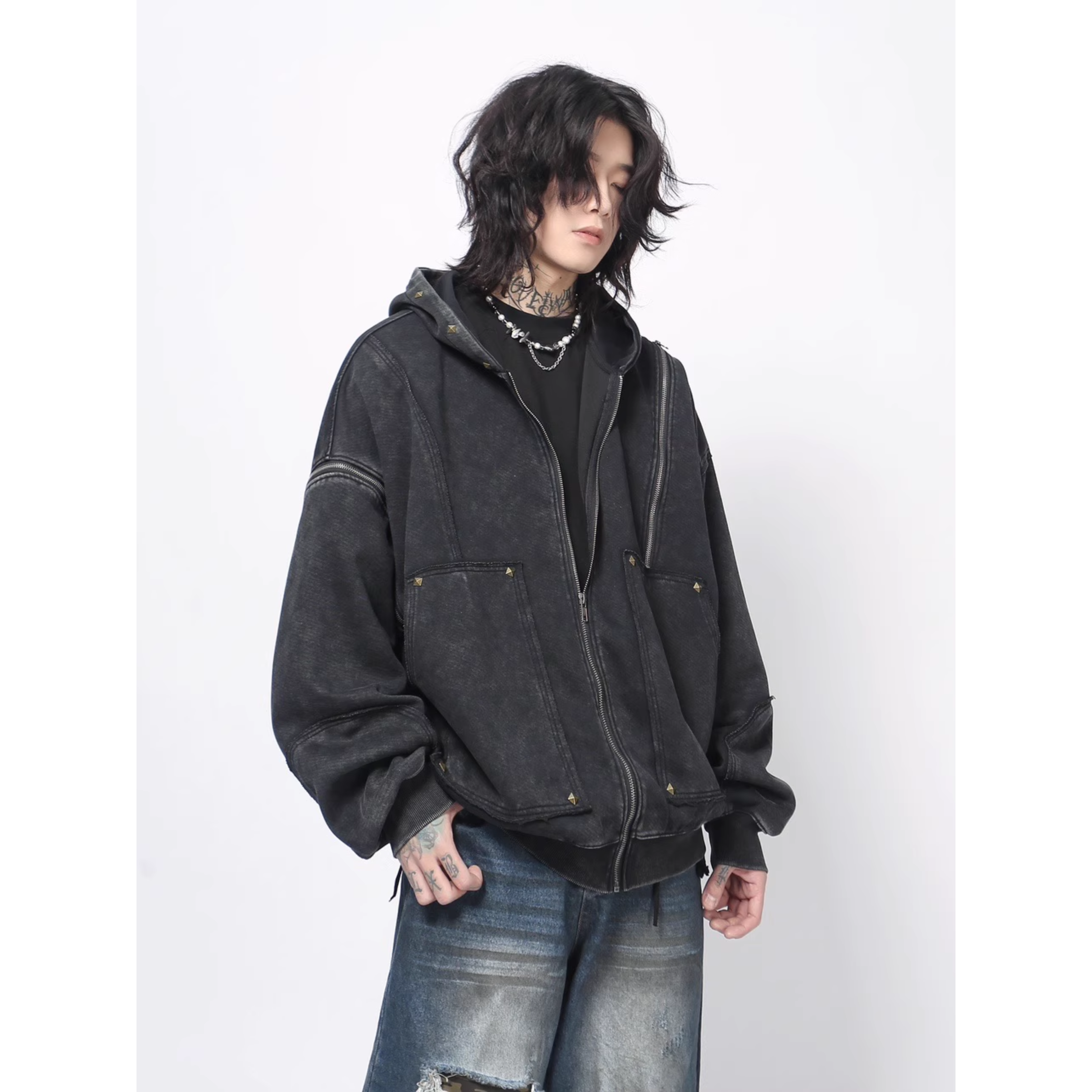 Fade Washed Oversized Zip Hoodie
