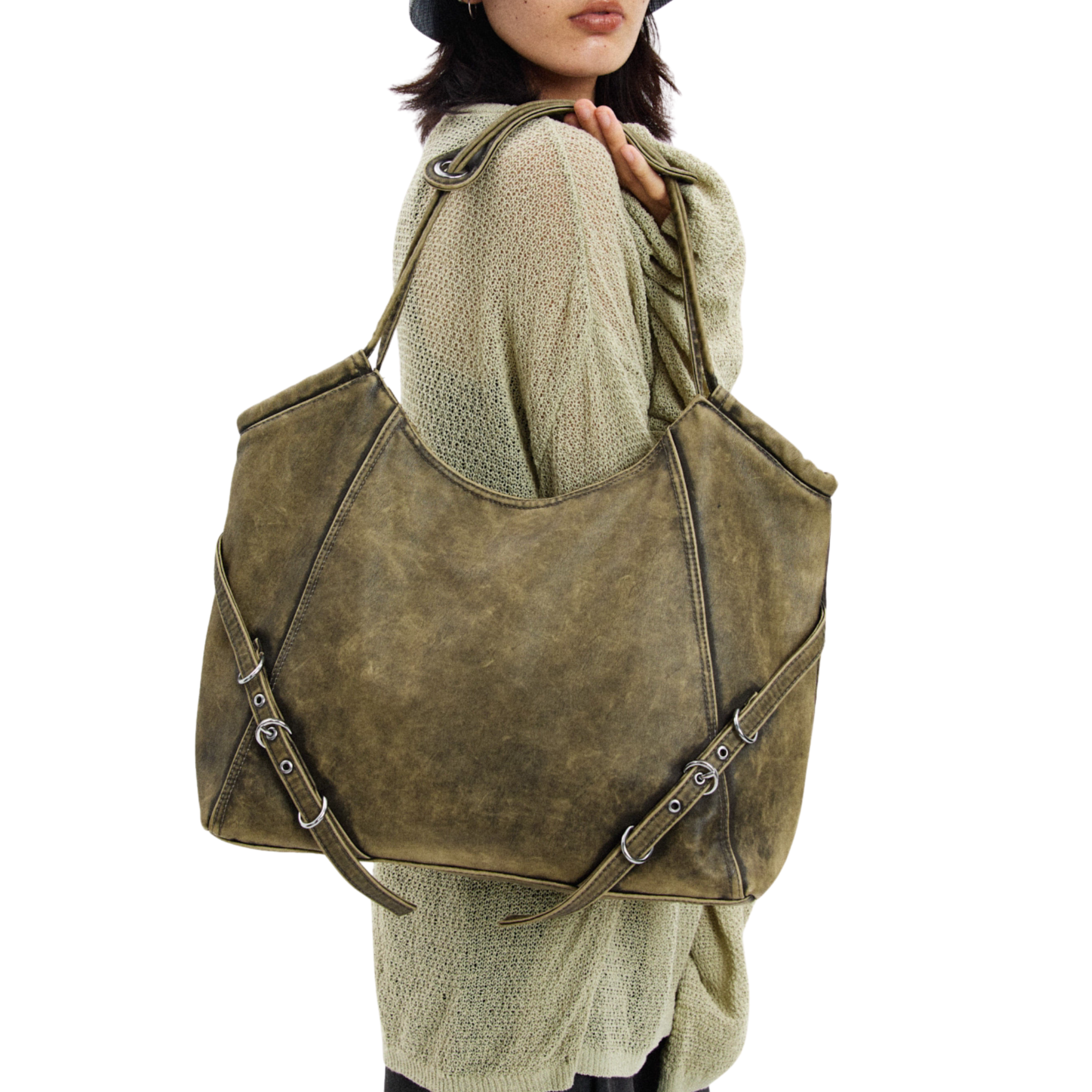 VINTAGE WASHED BUCKLE SHOULDER TOTE BAG