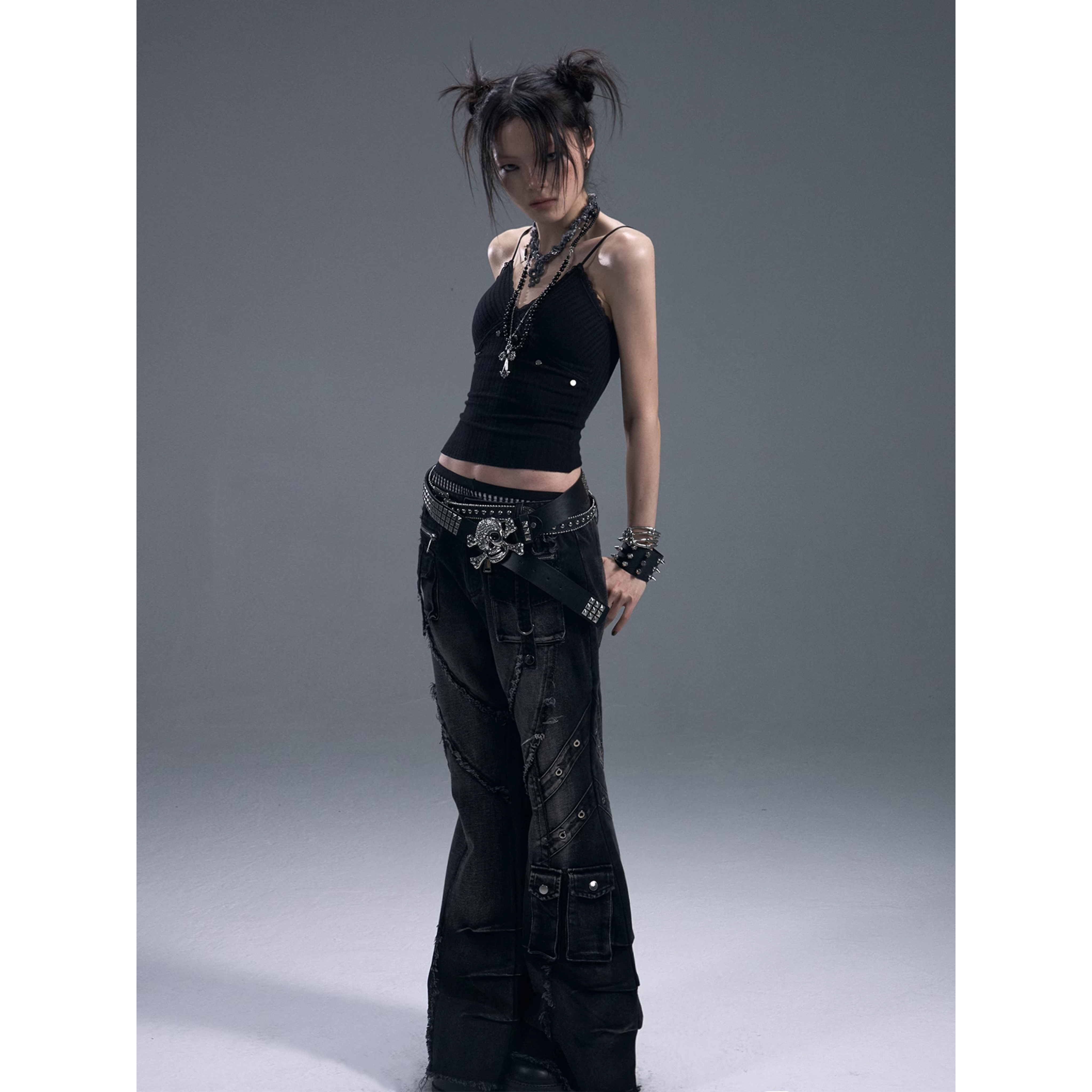 Pierced Lace Trim Cami Tops