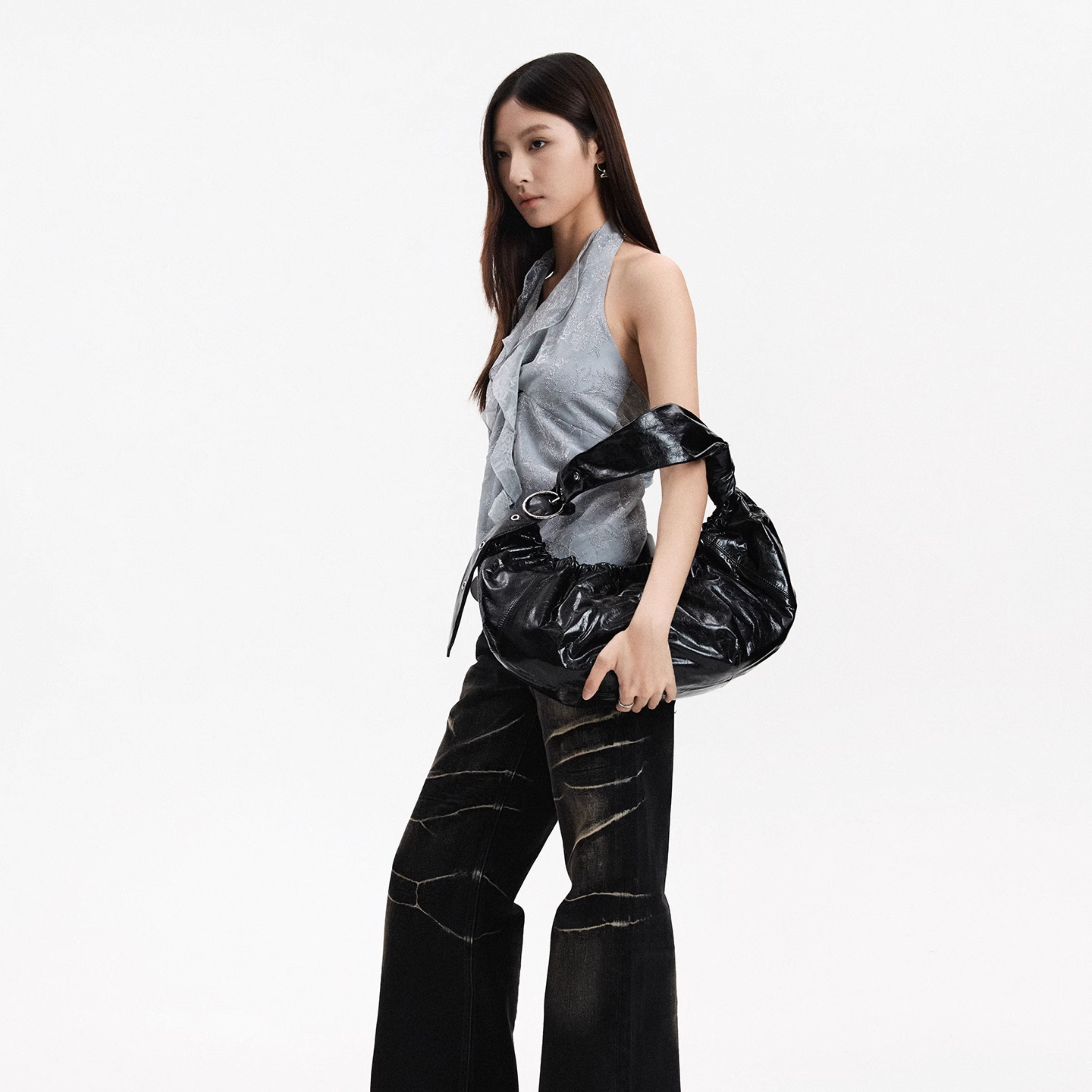 GLOSSY RUCHED CRESCENT BAG