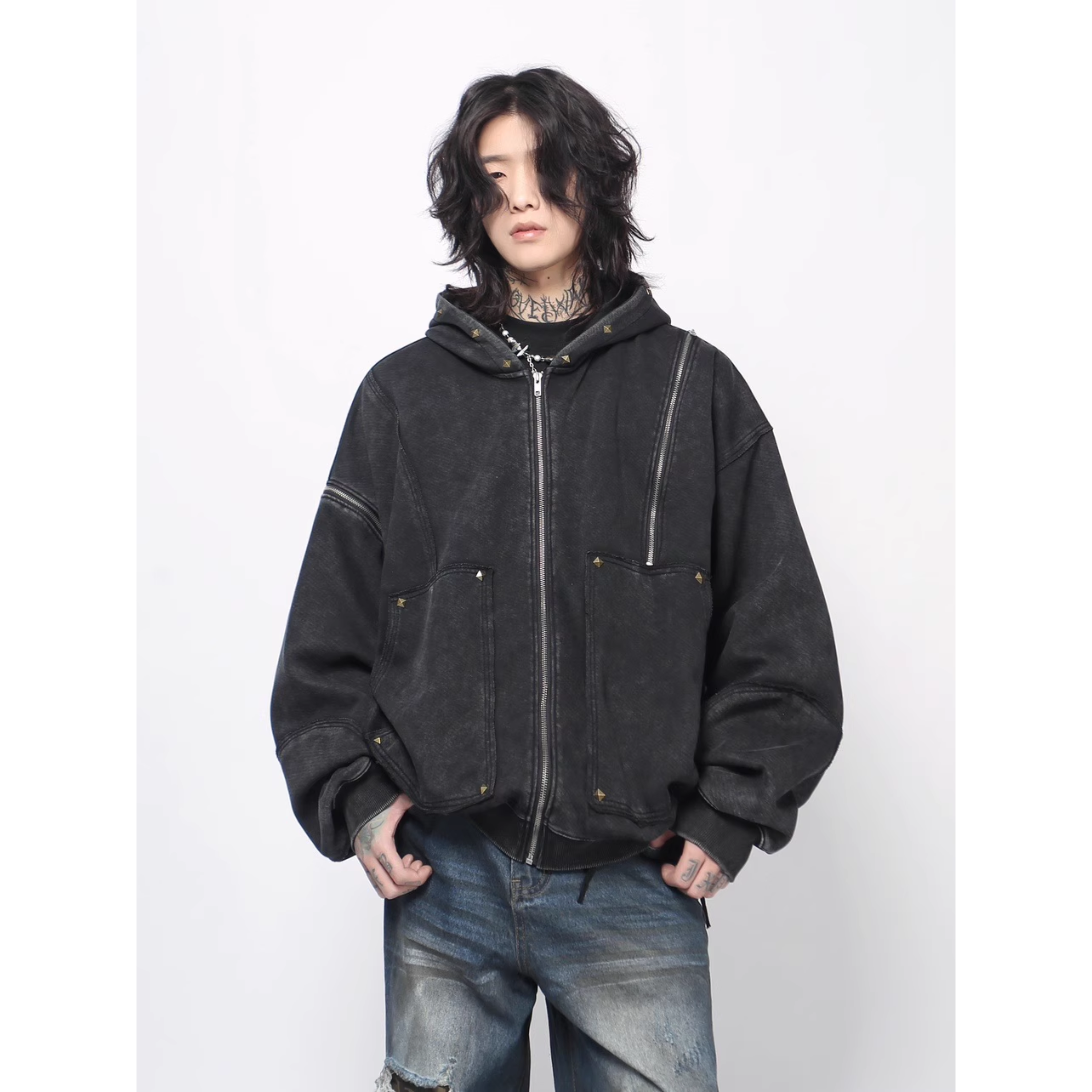 Fade Washed Oversized Zip Hoodie