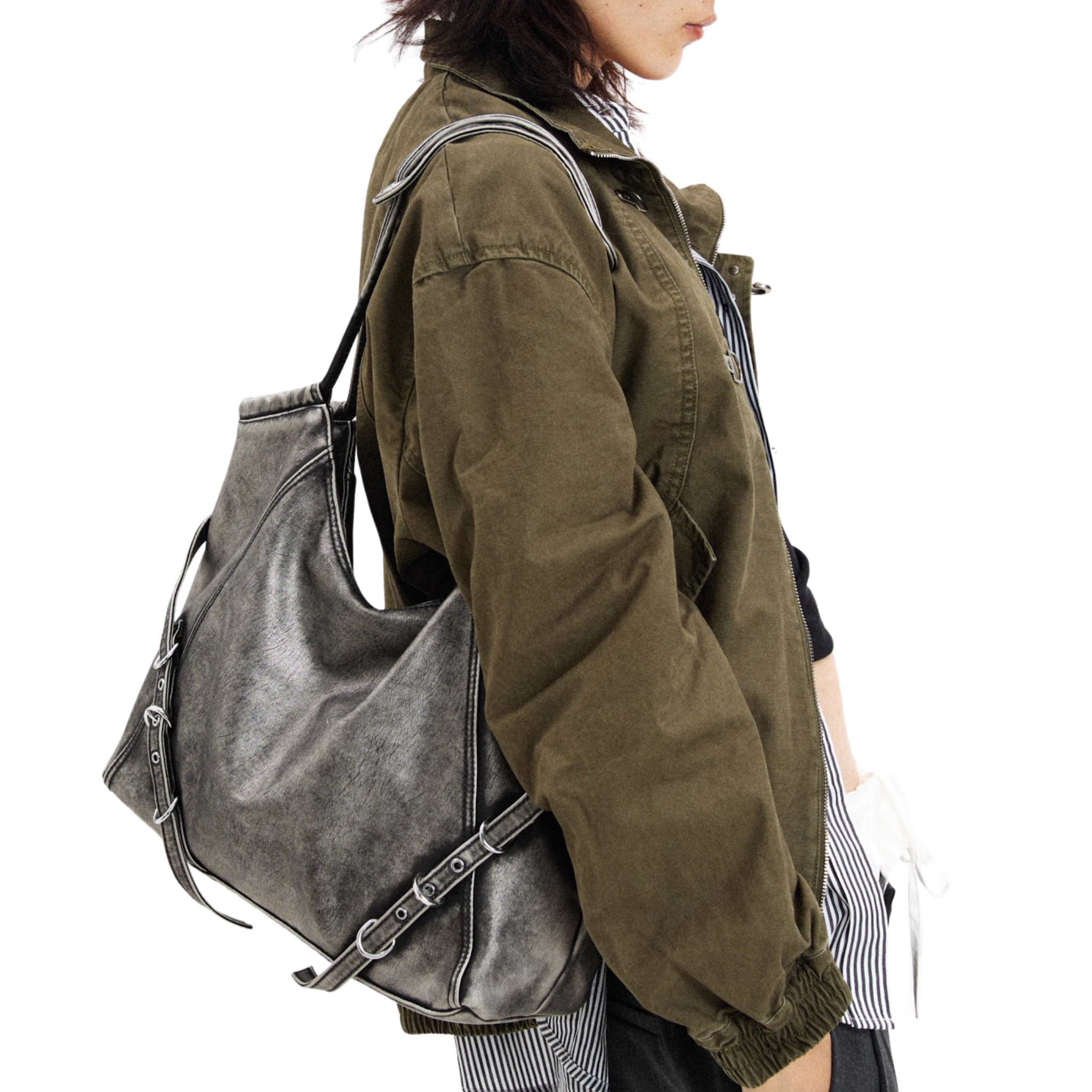 VINTAGE WASHED BUCKLE SHOULDER TOTE BAG