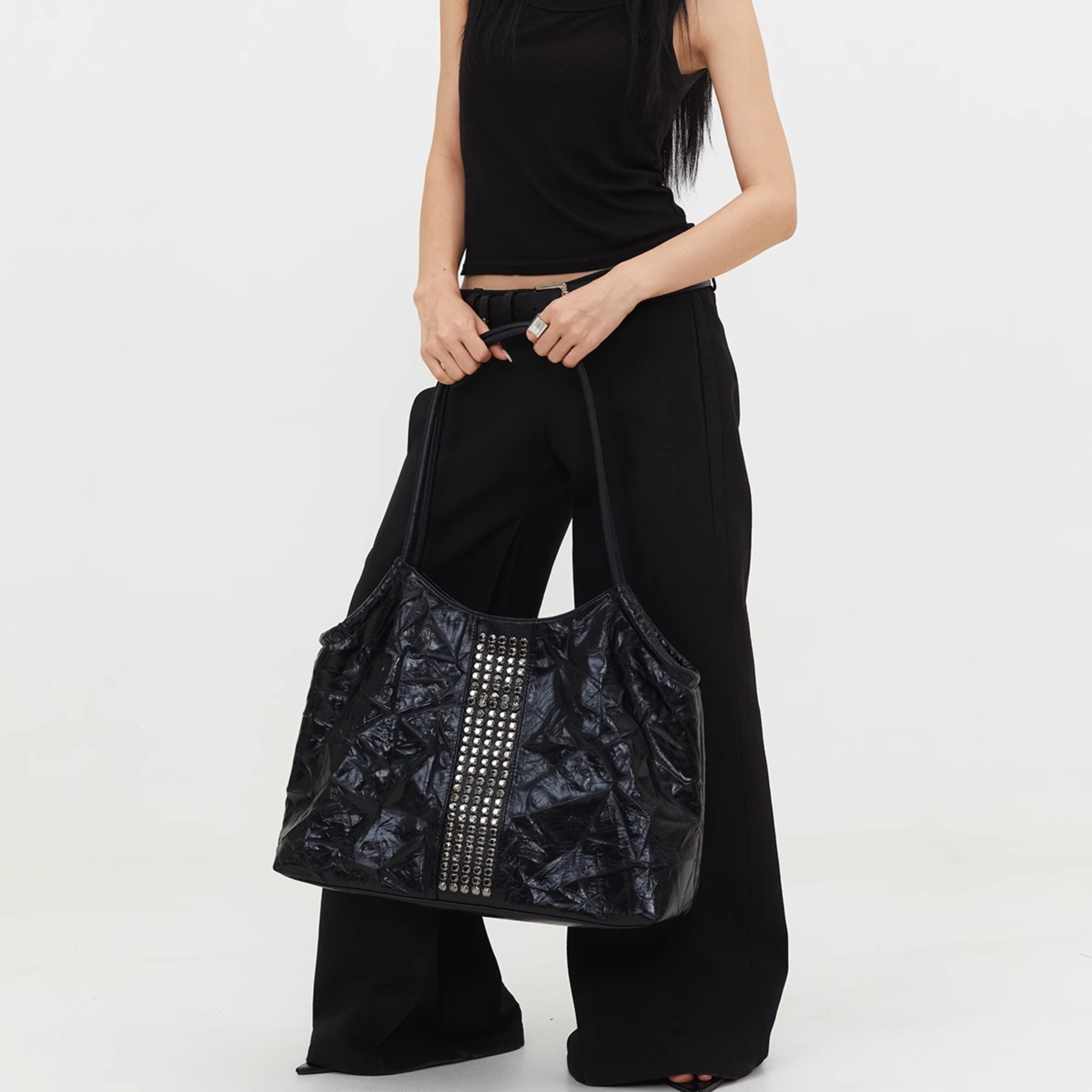 CRINKLE LEATHER STUDDED BAG