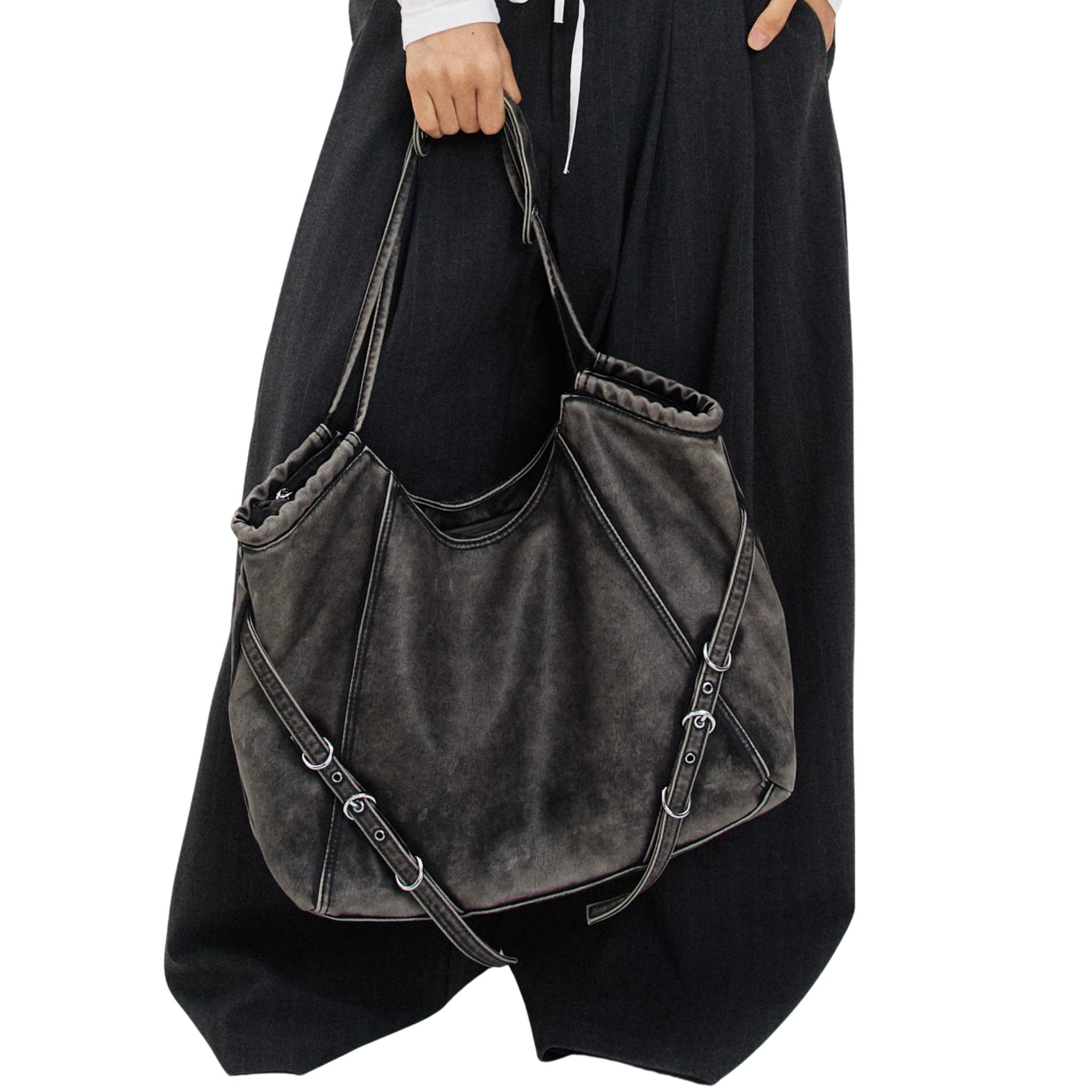 VINTAGE WASHED BUCKLE SHOULDER TOTE BAG