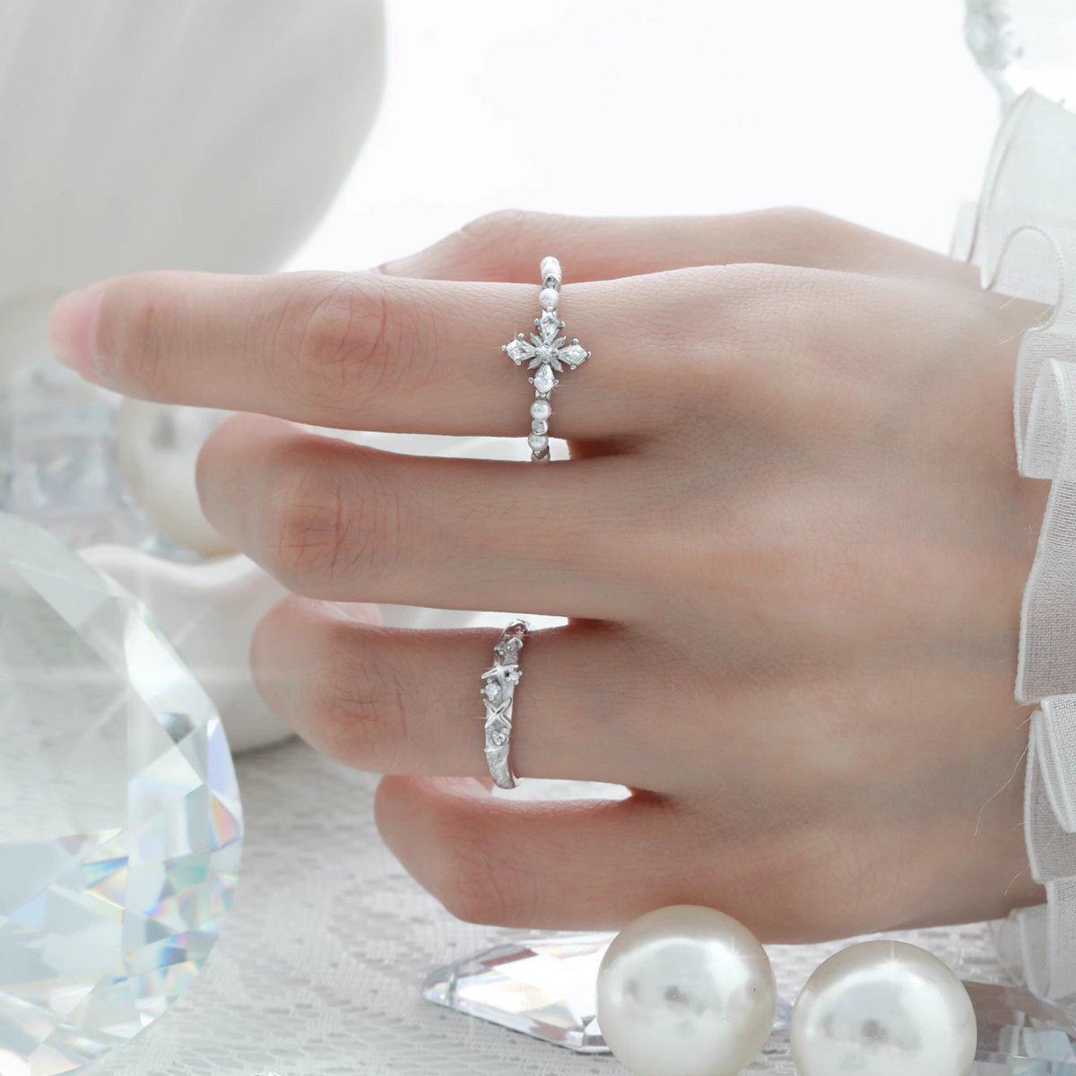 S925 CUBIC ZIRCONIA CRYSTAL BLOOM RING[SET ITEM]