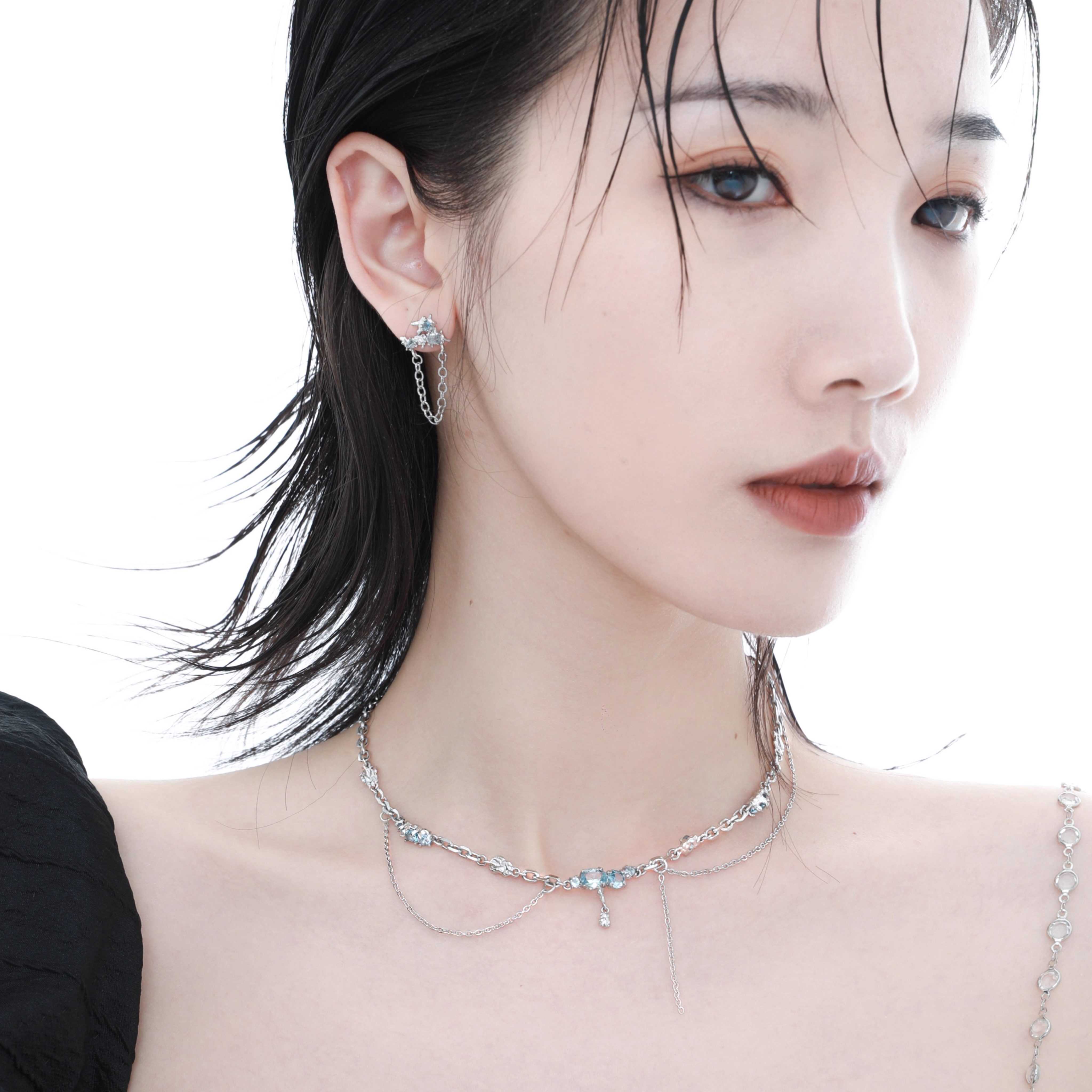 CUBIC ZIRCONIA AQUA LUNE NECKLACE[SET ITEM]