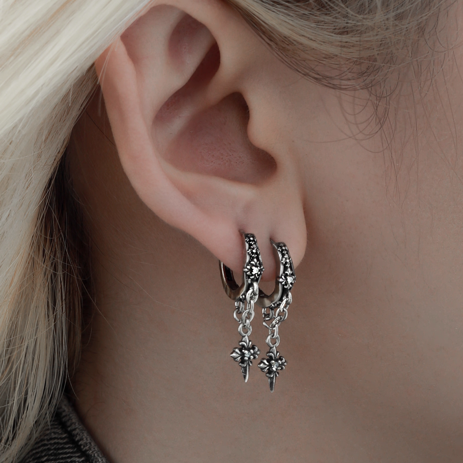 S925 CRUCIFIX DROP HOOPS PIERCE[SET ITEM]