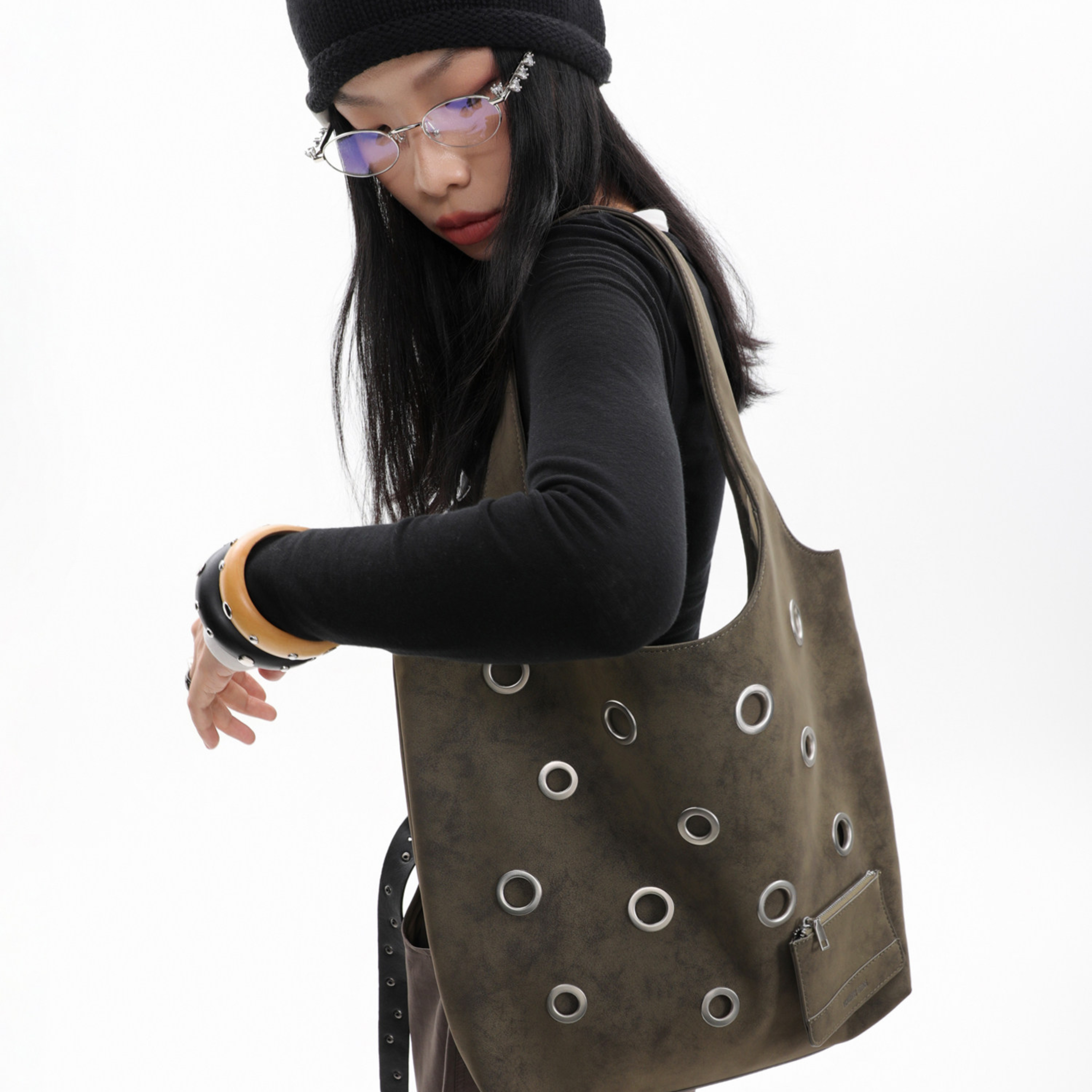 DISTRESSED EYELET TOTE BAG