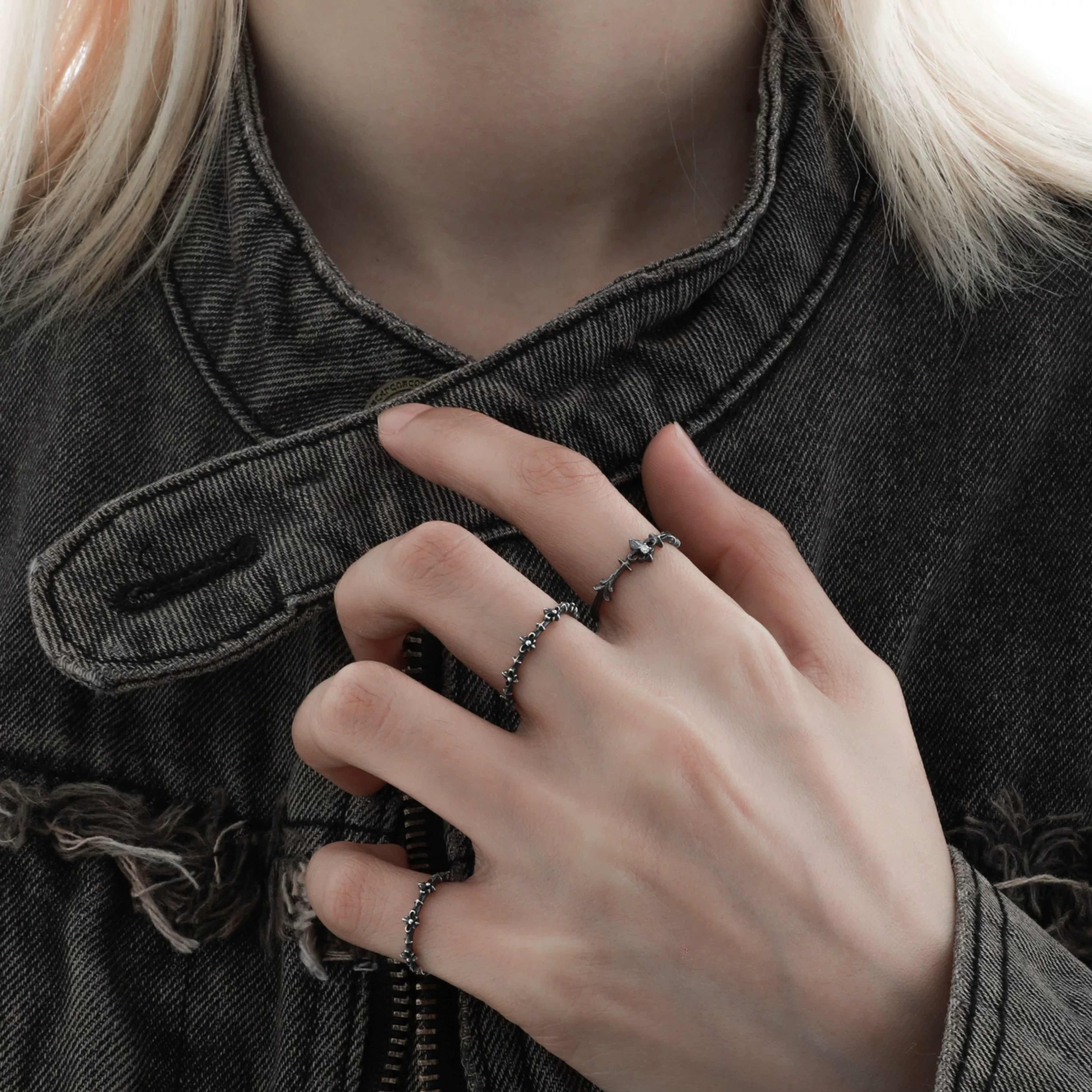 S925 CUBIC ZIRCONIA GOTHIC NOIR RING[SET ITEM]