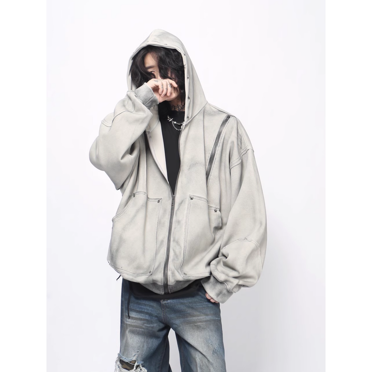 国内で当店のみ D5OVE - Loose Hoodie Fade Washed Oversized Zip Hoodie