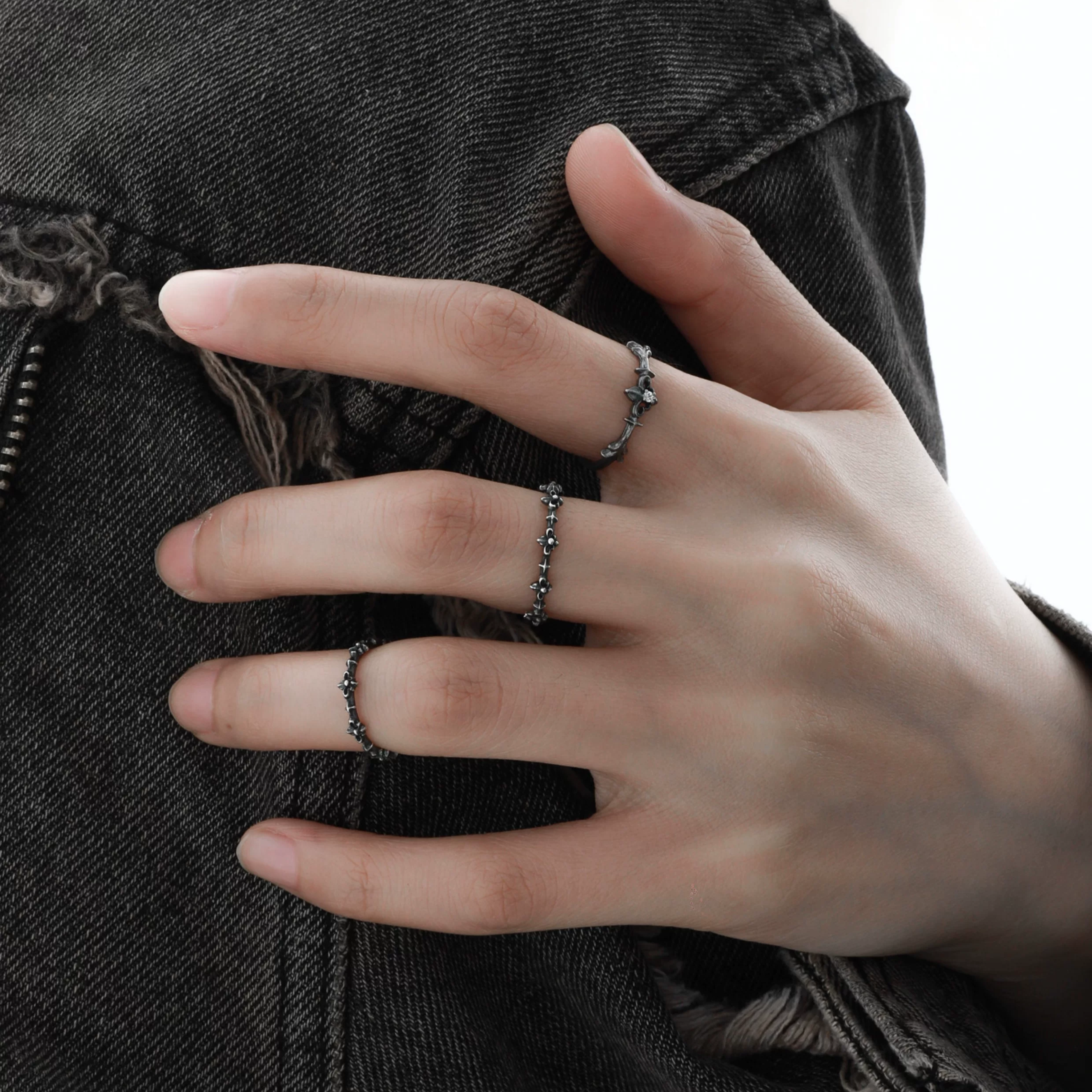 S925 CUBIC ZIRCONIA GOTHIC NOIR RING[SET ITEM]