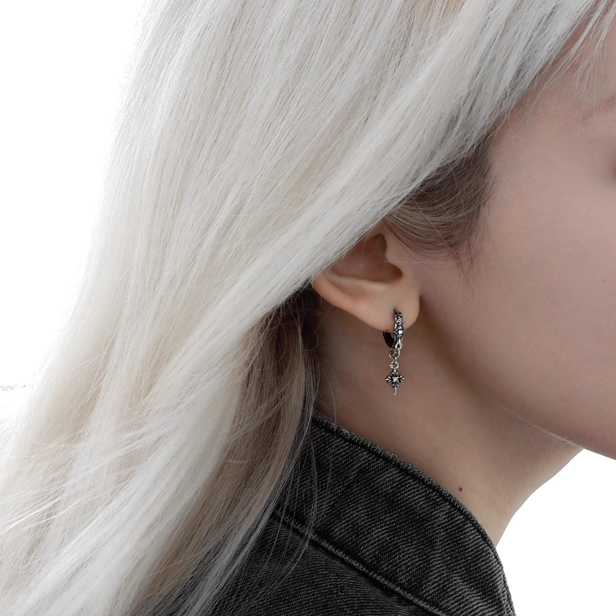 S925 CRUCIFIX DROP HOOPS PIERCE[SET ITEM]
