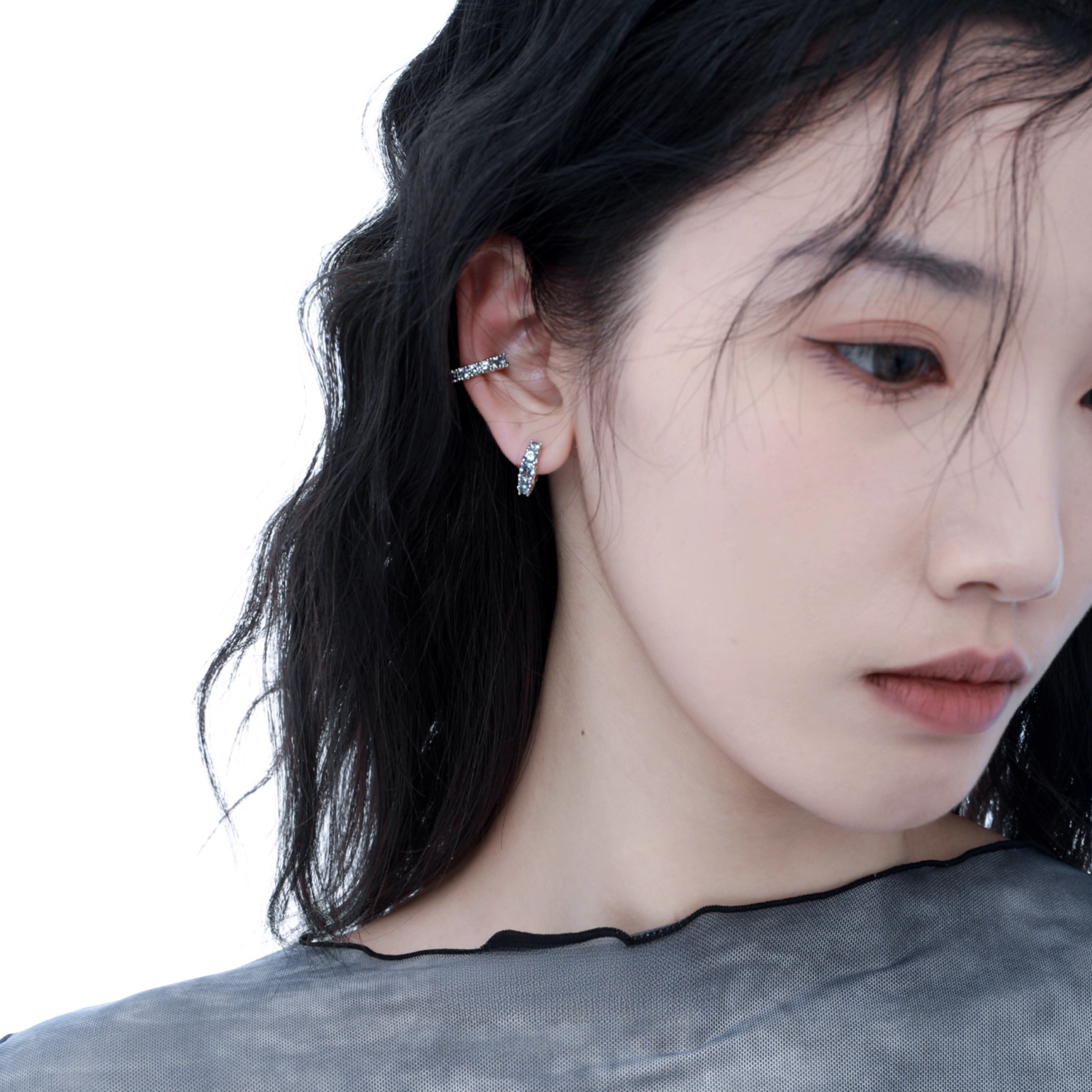 CUBIC ZIRCONIA AQUA LUNE EAR CUFF[SET ITEM]