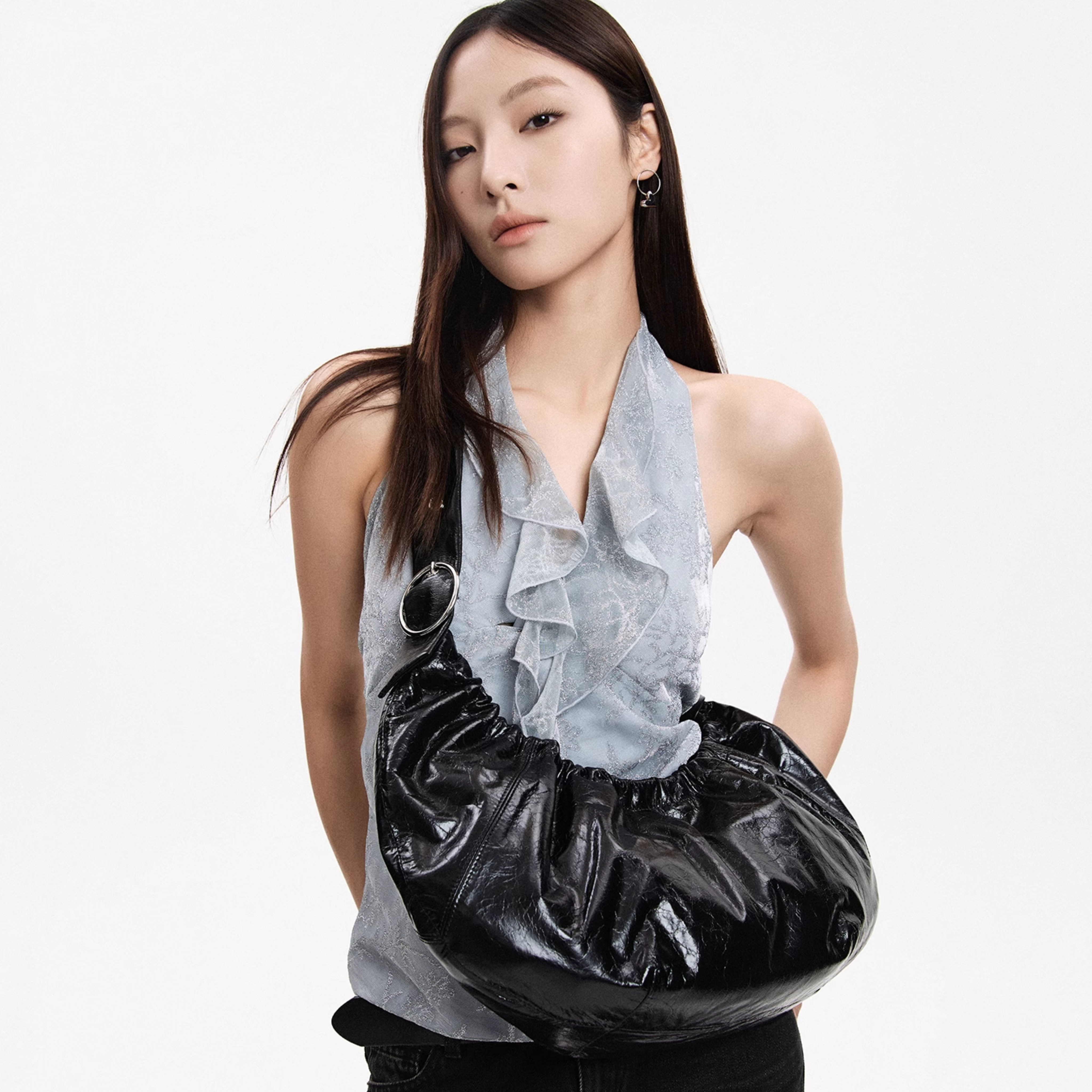 GLOSSY RUCHED CRESCENT BAG