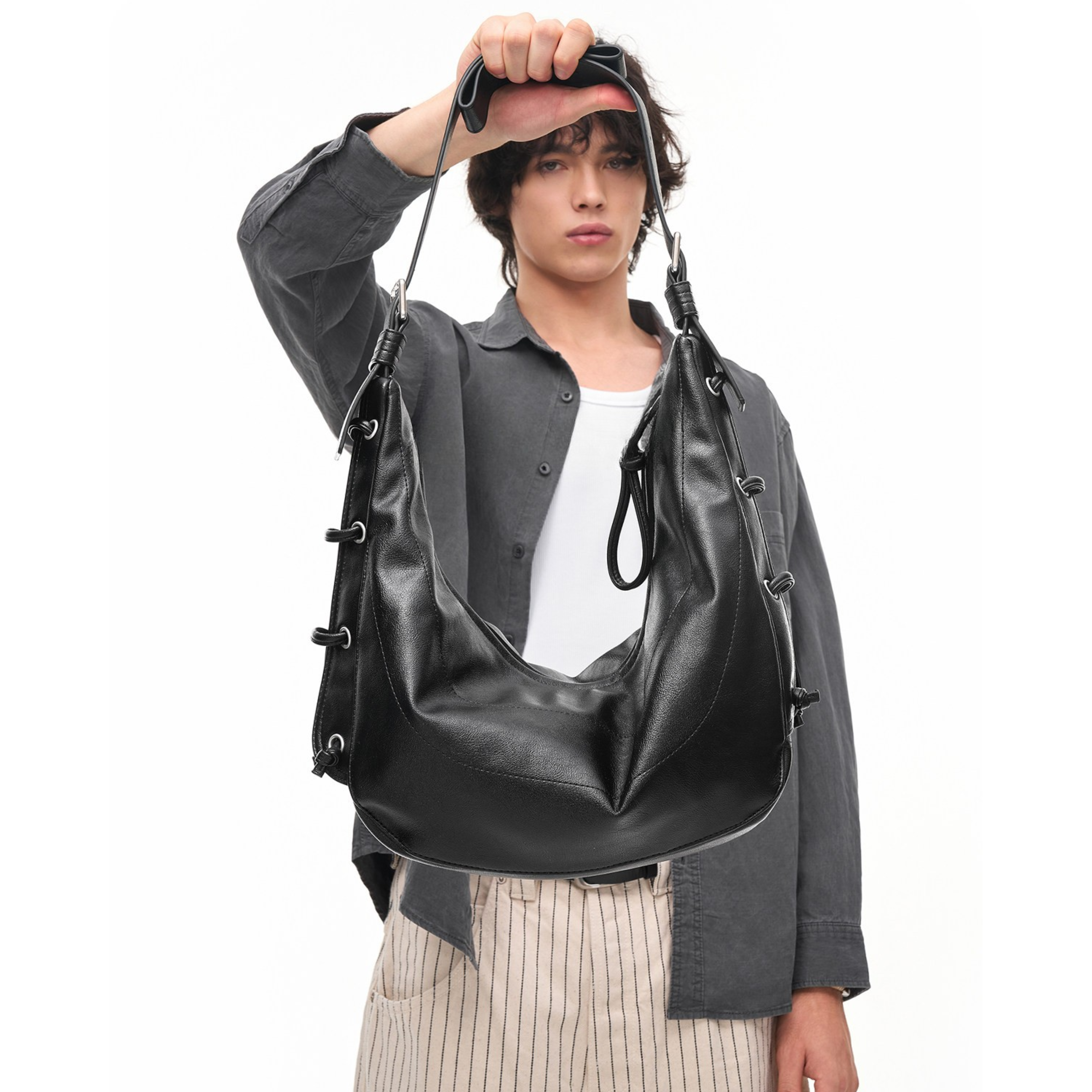 LACE-UP SLOUCH SHOULDER BAG