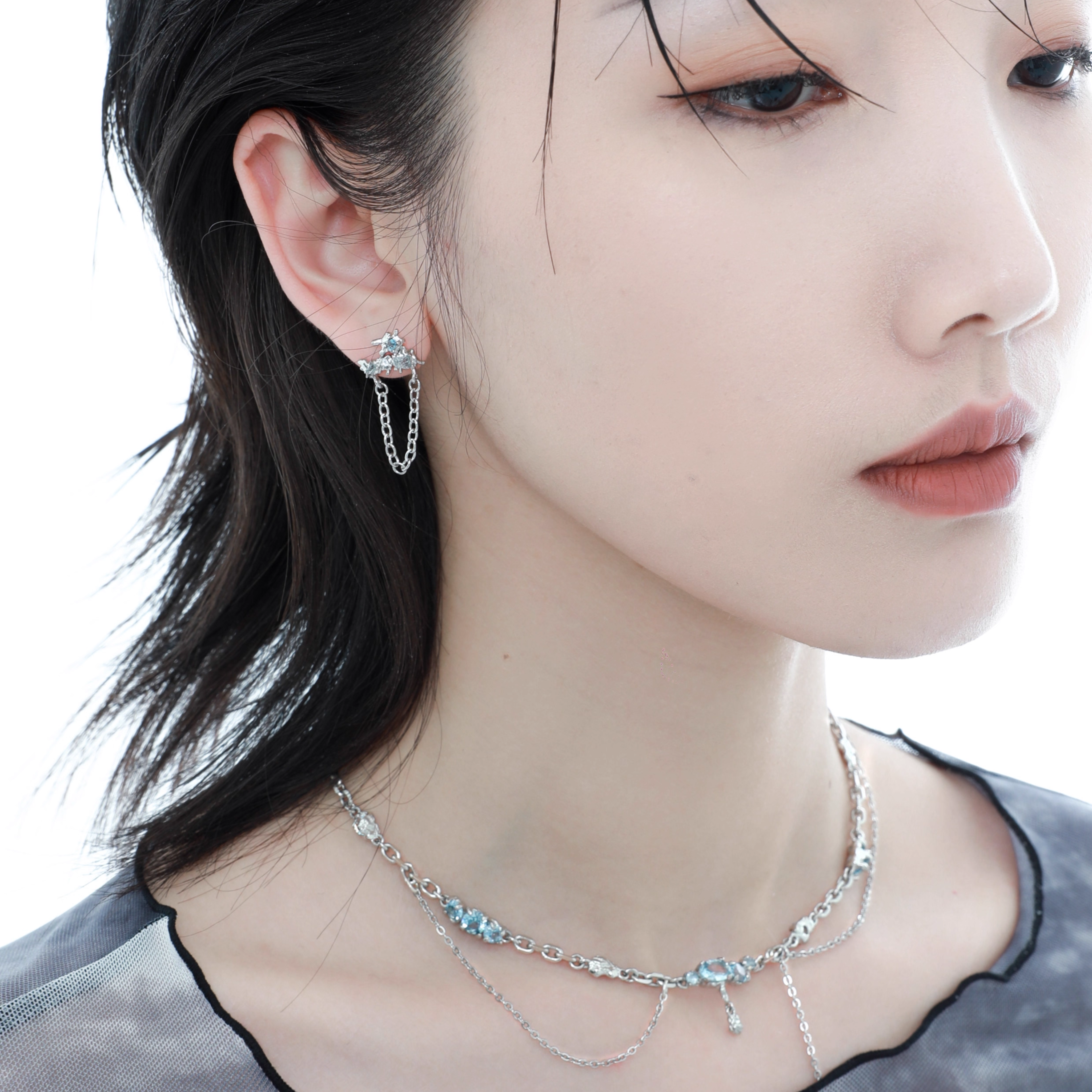 CUBIC ZIRCONIA AQUA LUNE NECKLACE[SET ITEM]