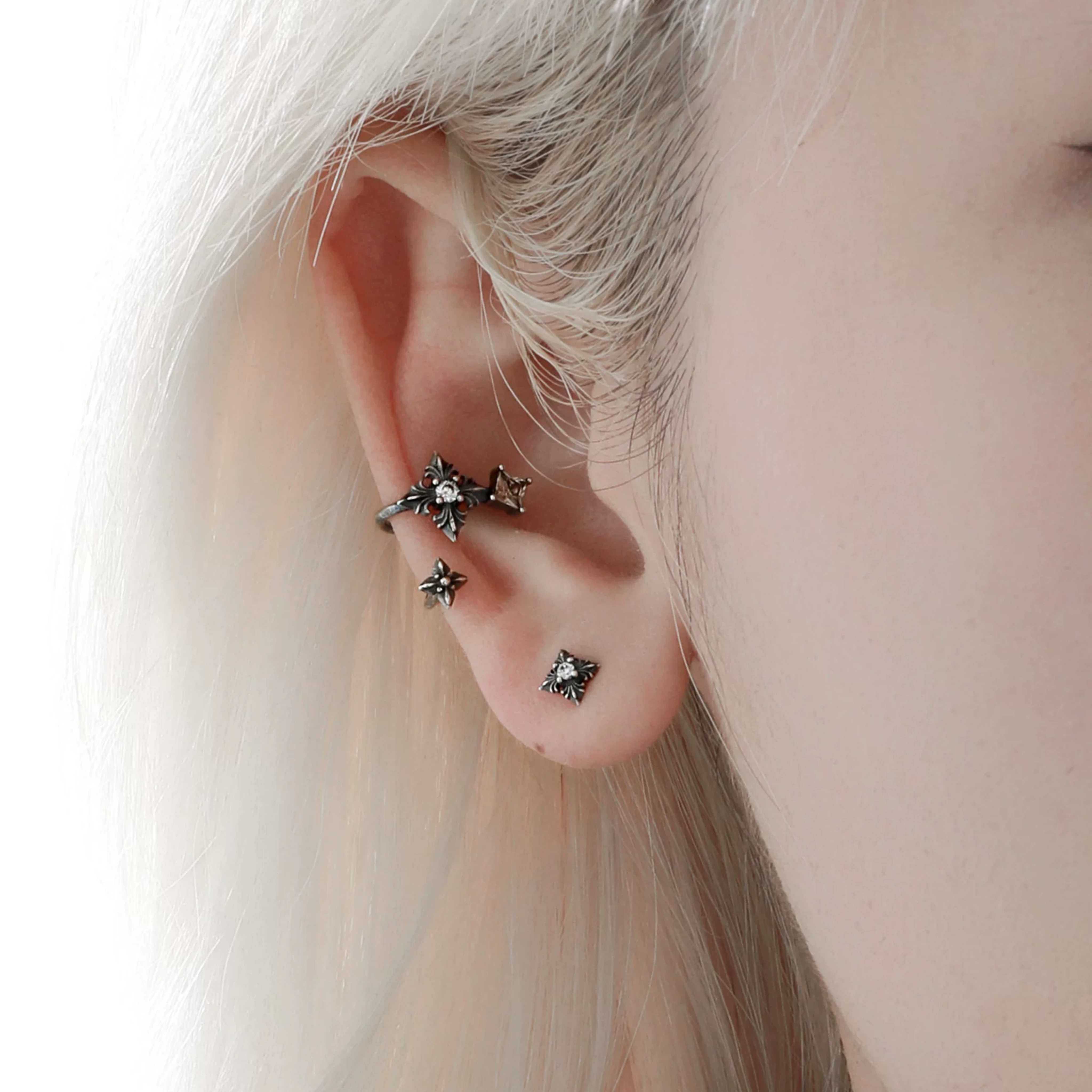 S925 CUBIC ZIRCONIA GOTHIC NOIR EAR CUFF[SET ITEM]