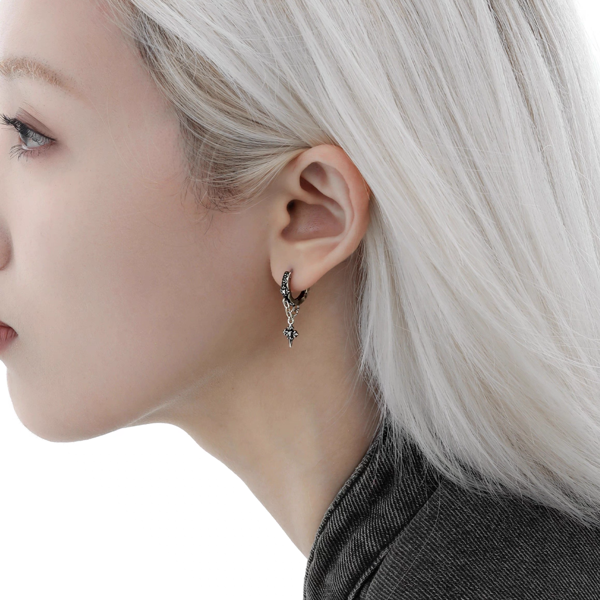 S925 CRUCIFIX DROP HOOPS PIERCE[SET ITEM]