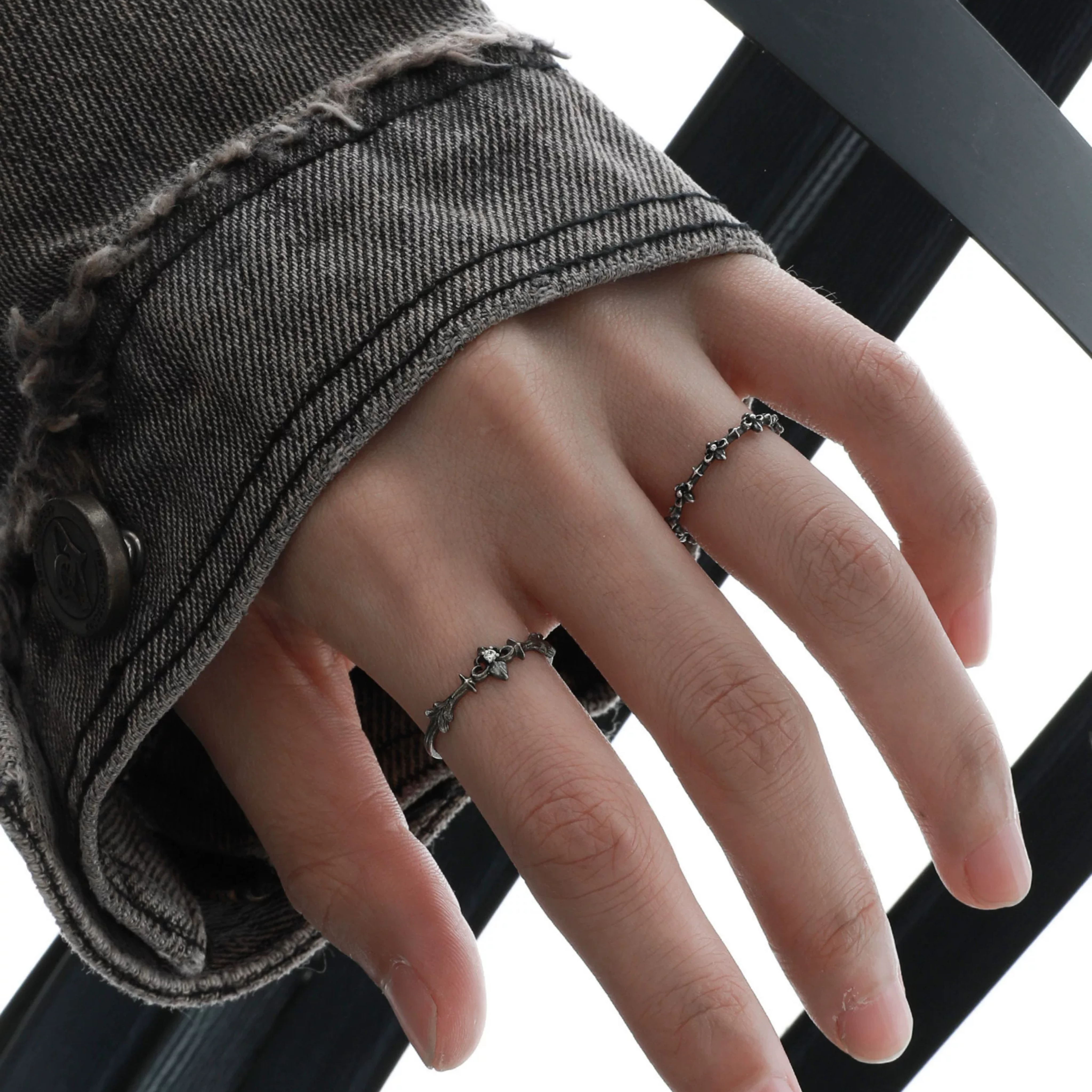 S925 CUBIC ZIRCONIA GOTHIC NOIR RING[SET ITEM]